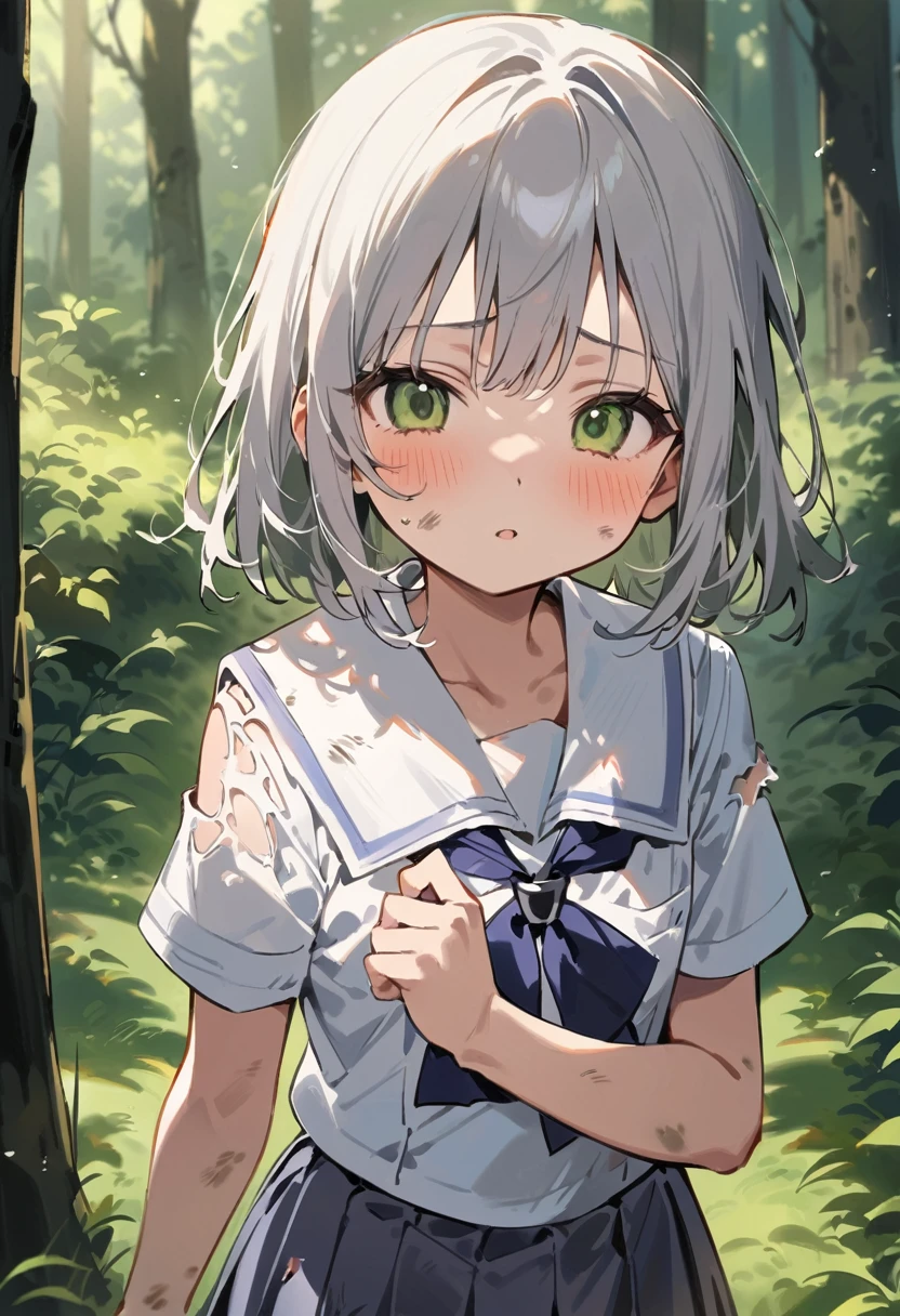 beautiful detailed girl,(masterpiece,best quality,extremely detailed:1.2),((cowboy shot:1.1)),(solo,,kawaii,slender,small breasts:1.25),(pained look:0.8),((white underwear:1.15) in (Torn school uniform):2),(dirty:2),blush,shy,weep,standing,(deep forest:1.5),(hug:0.4),rating: general, newest,Sexy face
