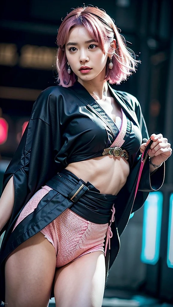 Beautiful Chinese woman, (16 years old), cute face, red lips, white moist skin, moles, (under-eye bags),
BREAK,
Feminine body with high athletic ability, Body of a female fitness model, Feminine body with hard tones, (Muscles: 1.2), (Beautiful belly button),
BREAK,
Fighter, Kung Fu fighter, Idol, (Yakuza), (Yakuza),
BREAK,
(Wearing a cute black kimono: 1.3), (Kimono with a lot of exposure), (Stiletto heels, black long boots 1.3), necklace, very large earrings, short length,
BREAK,
Short hair, (Short bob hair), (Bangs: 1.2), (Pink hair: 1.3), (Wavy hair),
BREAK,
(Very large Japanese sword: 1.4), (Holding the handle of a Japanese sword: 1.3), (Fighting: 1.2), (Getting into a fighting stance), (Beautiful blade of a Japanese sword: 1.2)
BREAK,
(Japanese tattoo: 1.4),
BREAK,
Masterpiece, Perfect lighting, Ultra high resolution, 8K, (Highly detailed: 1.4), (From the front), Looking at the camera, Melancholic expression,
BREAK,
(Tokyo city, lots of people in the background: 1.2), Shibuya city background in Tokyo, Japan, (Neon lights: 1.2)
