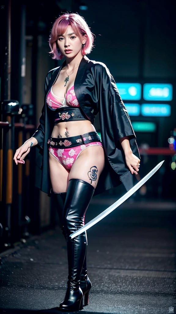 Beautiful Chinese woman, (16 years old), cute face, red lips, white moist skin, moles, (under-eye bags),
BREAK,
Feminine body with high athletic ability, Body of a female fitness model, Feminine body with hard tones, (Muscles: 1.2), (Beautiful belly button),
BREAK,
Fighter, Kung Fu fighter, Idol, (Yakuza), (Yakuza),
BREAK,
(Wearing a cute black kimono: 1.3), (Kimono with a lot of exposure), (Stiletto heels, black long boots 1.3), necklace, very large earrings, short length,
BREAK,
Short hair, (Short bob hair), (Bangs: 1.2), (Pink hair: 1.3), (Wavy hair),
BREAK,
(Very large Japanese sword: 1.4), (Holding the handle of a Japanese sword: 1.3), (Fighting: 1.2), (Getting into a fighting stance), (Beautiful blade of a Japanese sword: 1.2)
BREAK,
(Japanese tattoo: 1.4),
BREAK,
Masterpiece, Perfect lighting, Ultra high resolution, 8K, (Highly detailed: 1.4), (From the front), Looking at the camera, Melancholic expression,
BREAK,
(Tokyo city, lots of people in the background: 1.2), Shibuya city background in Tokyo, Japan, (Neon lights: 1.2)