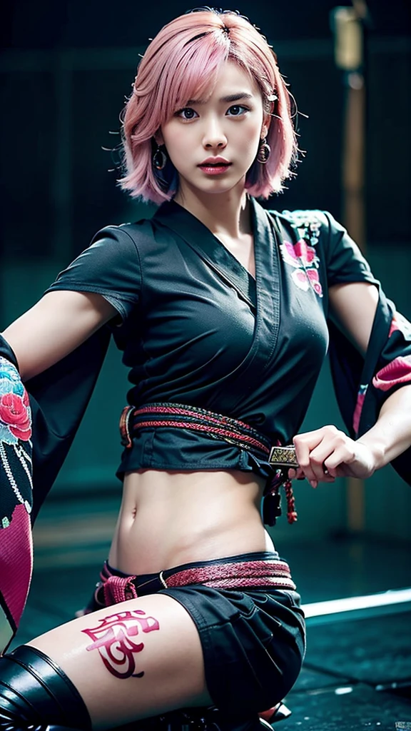 Beautiful Chinese woman, (16 years old), cute face, red lips, white moist skin, moles, (under-eye bags),
BREAK,
Feminine body with high athletic ability, Body of a female fitness model, Feminine body with hard tones, (Muscles: 1.2), (Beautiful belly button),
BREAK,
Fighter, Kung Fu fighter, Idol, (Yakuza), (Yakuza),
BREAK,
(Wearing a cute black kimono: 1.3), (Kimono with a lot of exposure), (Stiletto heels, black long boots 1.3), necklace, very large earrings, short length,
BREAK,
Short hair, (Short bob hair), (Bangs: 1.2), (Pink hair: 1.3), (Wavy hair),
BREAK,
(Very large Japanese sword: 1.4), (Holding the handle of a Japanese sword: 1.3), (Fighting: 1.2), (Getting into a fighting stance), (Beautiful blade of a Japanese sword: 1.2)
BREAK,
(Japanese tattoo: 1.4),
BREAK,
Masterpiece, Perfect lighting, Ultra high resolution, 8K, (Highly detailed: 1.4), (From the front), Looking at the camera, Melancholic expression,
BREAK,
(Tokyo city, lots of people in the background: 1.2), Shibuya city background in Tokyo, Japan, (Neon lights: 1.2)