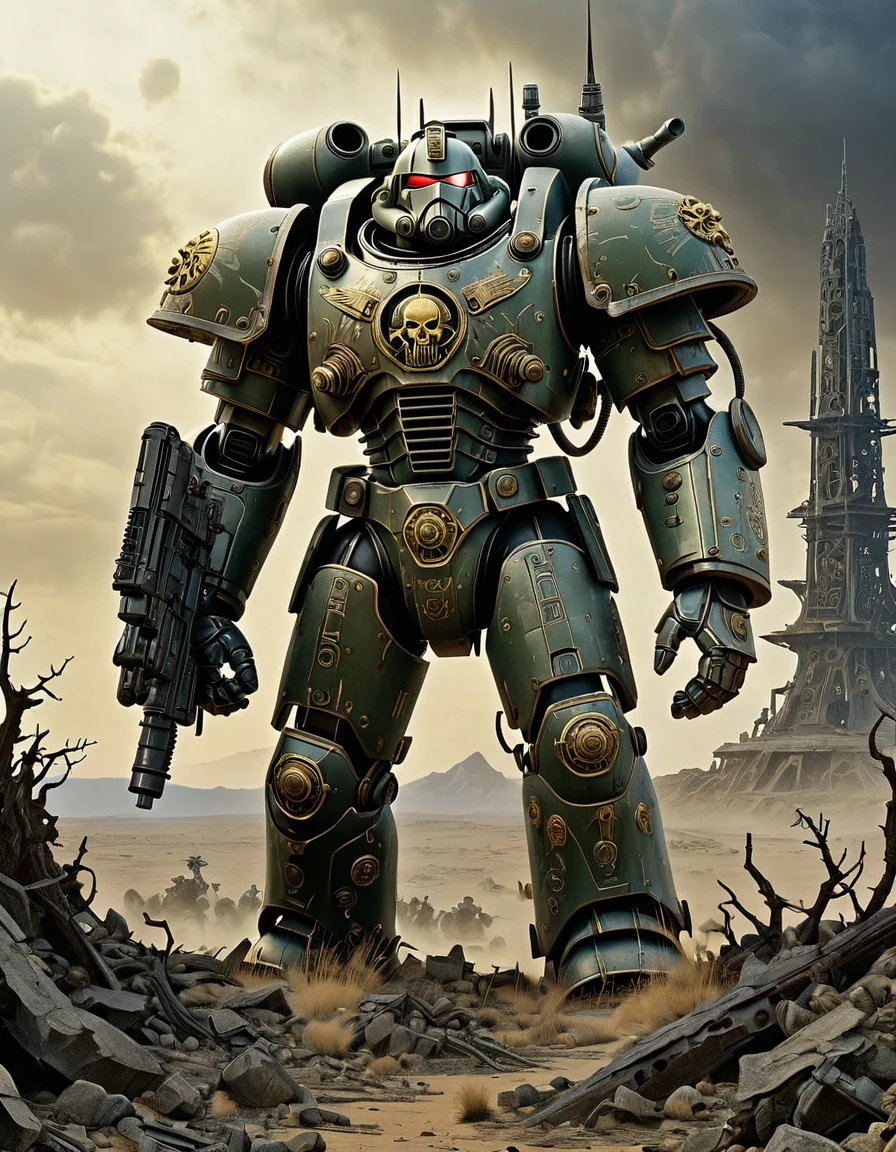 A pair of formidable figures clad in intricately detailed, futuristic power armor stand tall on a desolate, war-torn battlefield... Warhammer 40,000. illustration. dystopian science fiction. gritty by John Blanche