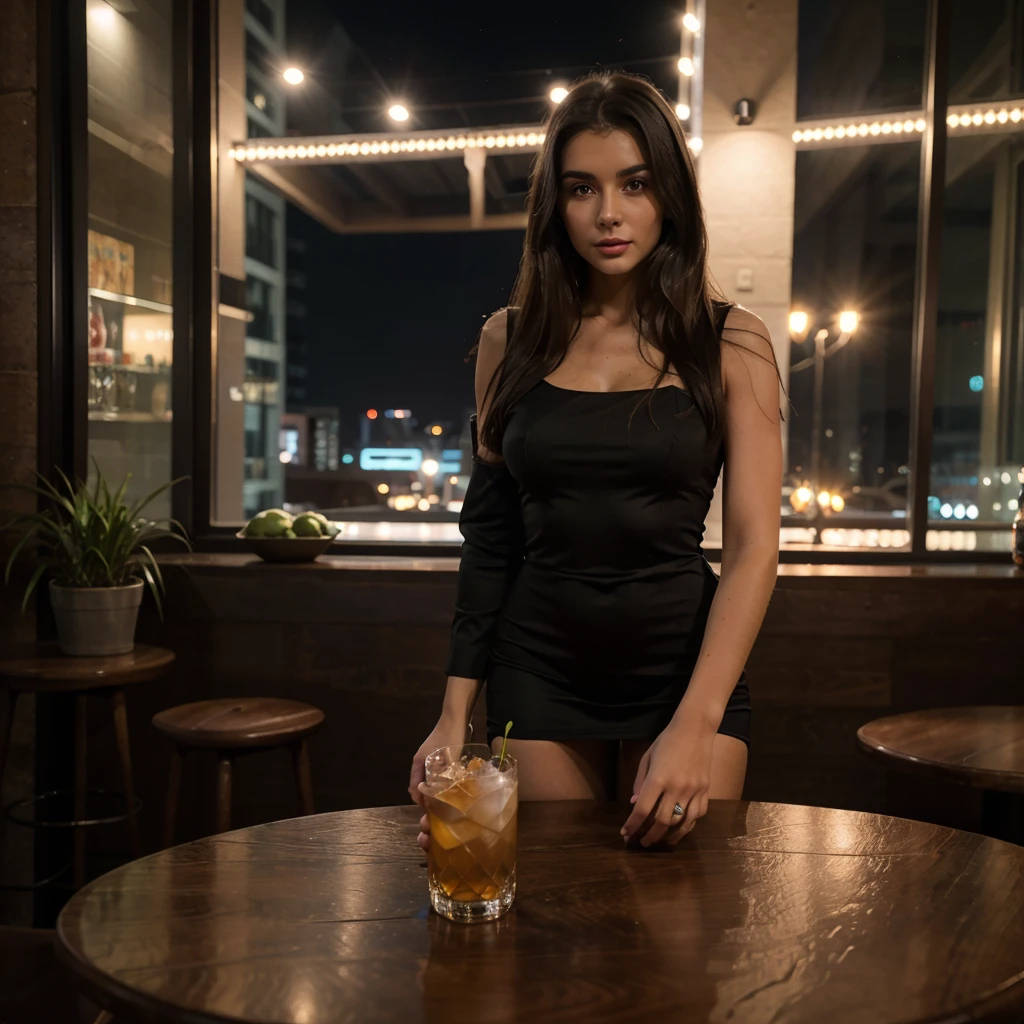 In 8K, Raw-Photo, Best quality, Masterpiece: 1.2), a stunning brunette, 25-year-old influencer/model, cityscape, night lights, cocktail dress, table with Black friend
