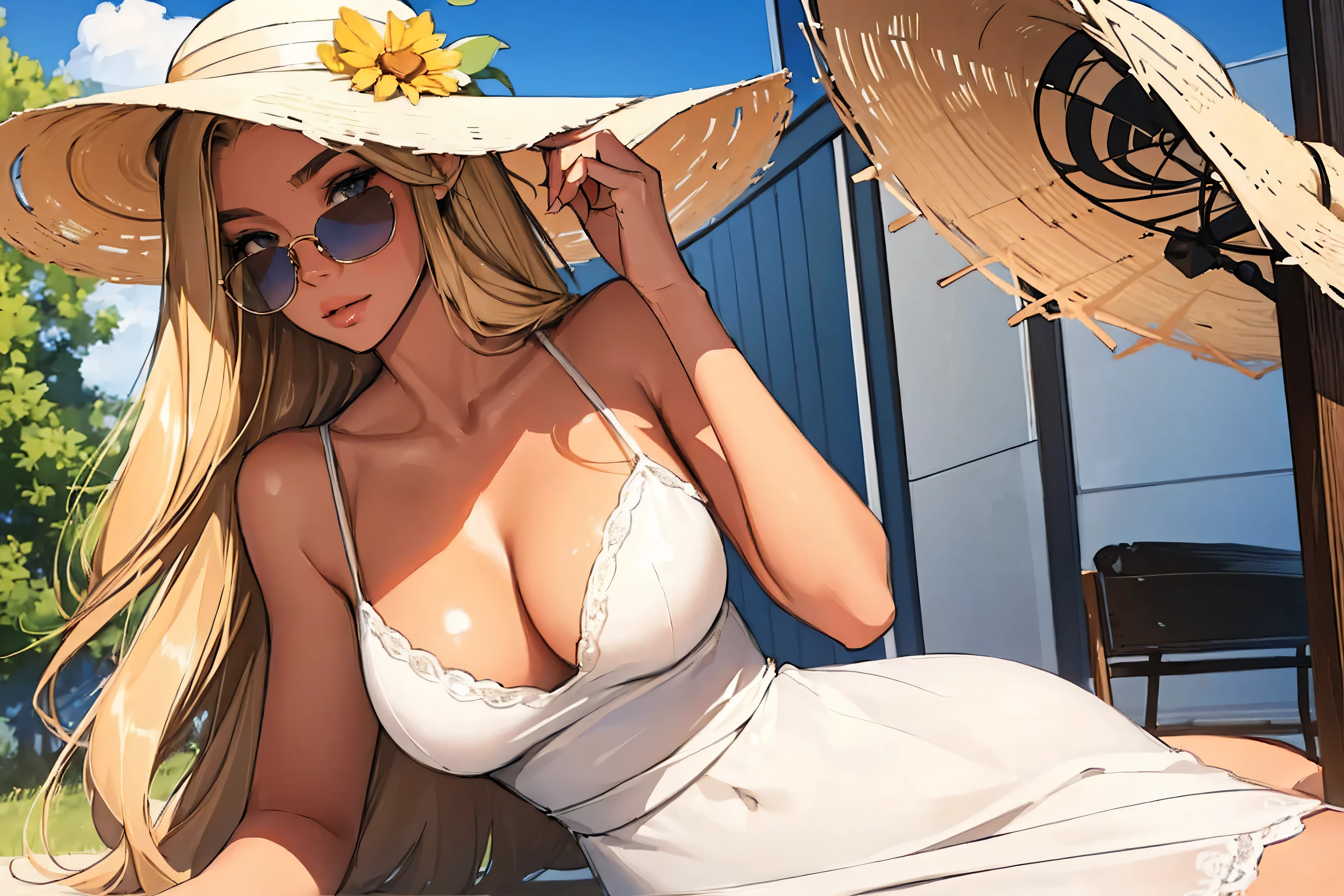 (best quality: 1.2), clean face, (masterpiece: 1.2, 8k) perfect anatomy, 1girl,a beautiful fashion model ,(masterpiece, official art, best quality  shiny hair, blonde hair with streaks in hair, full lips,  big breasts, slutty outfit, cleavage, shiny skin, looking at viewer, (sun dress, sun hat, sun glasses), long abdomen, horizontal, laying seductively