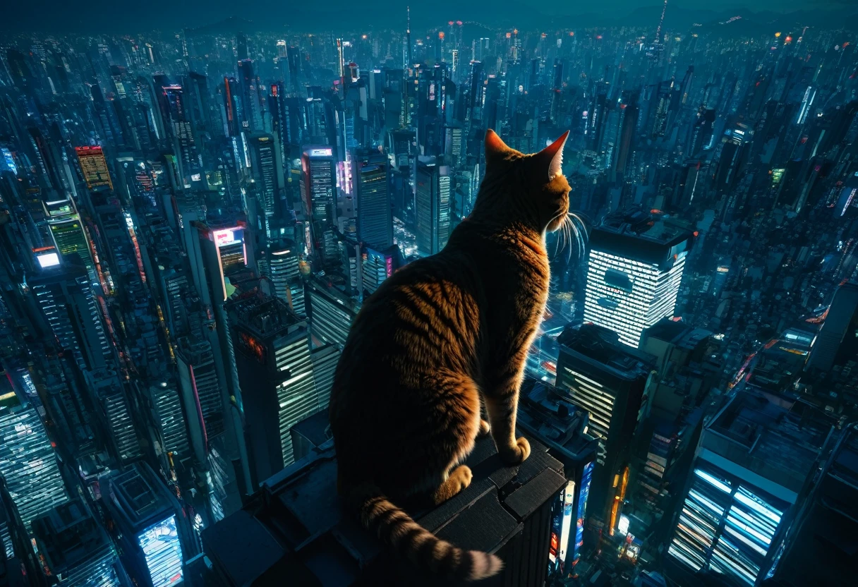 ((Masterpiece, top quality, high resolution)), ((highly detailed CG unified 8K wallpaper)), A cat monster, bigger than a building, is sitting in the center of Tokyo, stomping on the building, arafed cat sitting on a ledge above a city at night, cat attacking tokyo, perched on a skyscraper, cyberpunk cat, planet of the cats, giant cat monster, with a city in the background, city in the background, towering over a city, acrophobia, bird's eye view, neko, very very surreal, bird eye view,