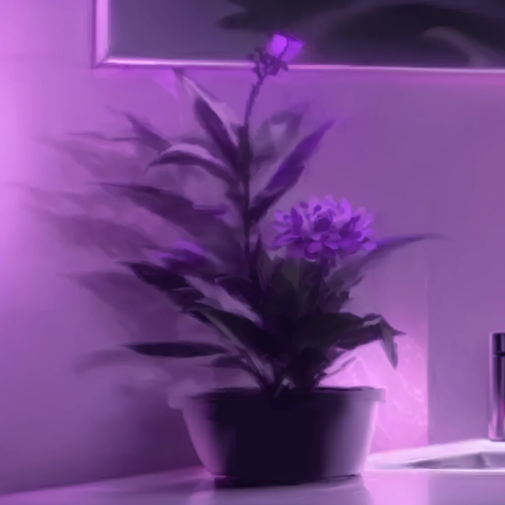 purple light shining on a bathroom sink with a plant in a pot, glowing purple, Purple glow, purple - tinted, dark purple lighting, purple volumetric lighting, soft Purple glow, purple theme, purple lighting, purple hue, Violet Ambient Light, A little purple, purple aesthetic, purple lighting, purple light, purple accent lighting, purple lighting сцены, cool purple lighting