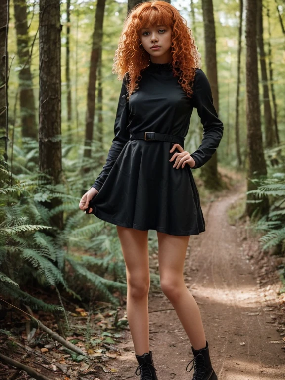 17 year old girl, Lovely, orange hair, Very short, Very curly, slim, flat bust, with freckles on the face, with slavic features, with long sleeve black dress, Whole body, shows her legs, In the woods.