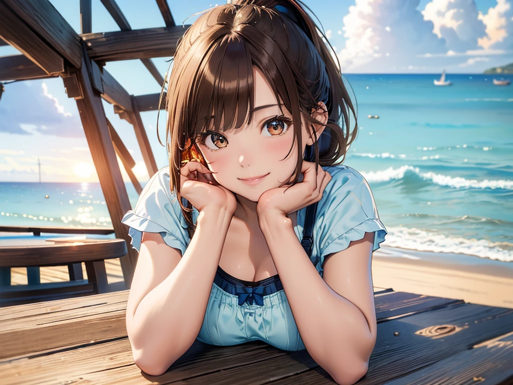 (masterpiece、Highest quality:1.2),Frame In、 Cowboy Shot, solo, One Girl, Seeing the viewer, (Highest quality, 8k, oil, Tabletop:1.2), Very detailed, (Realistic, Realistic:1.37), Vibrant colors, (((Seaside)))、White camisole、Blue ide Ponytail、Brown Hair、smile、evening、horizontal line