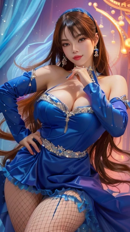 a woman in a blue dress and fishnets posing for a picture, beautiful portrait of nami, extremely detailed artgerm, style artgerm, artgerm lau, artgerm style, artgerm detailed, nami one piece, artgerm. high detail, in the style artgerm, drawn in the style of artgerm