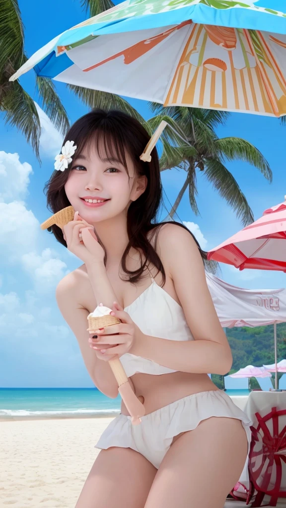 Beautiful face like an actress smile Beach parasol Beach Eat soft serve ice cream