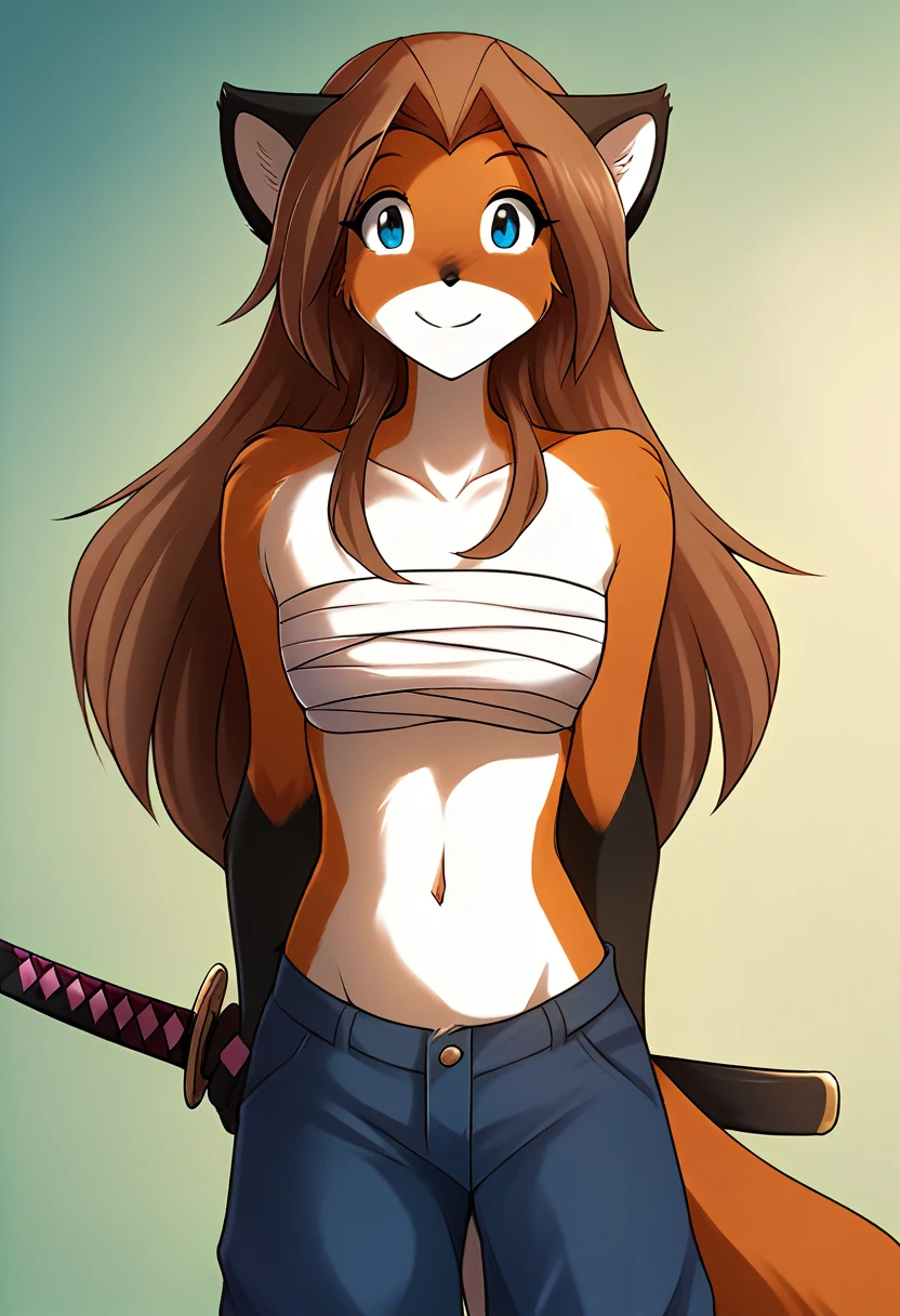 score_9, score_8_up, score_7_up, score_6_up, score_5_up, score_4_up, rating_????????, source_furry, female, cute anthro female, cute face, detailed background, looking at viewer, solo, solo focus, (digital pen line-art, soft lines, soft shading, pinup, cartoon, anime:1.2), tklaura, fox, brown hair, long hair, mammal, blue eyes, anthro, (bandaged breasts:1.4), (red saggy pants:1.2), japan, midriff, smile, katana, sakura, small breasts, amigasa hat, straw in mouth