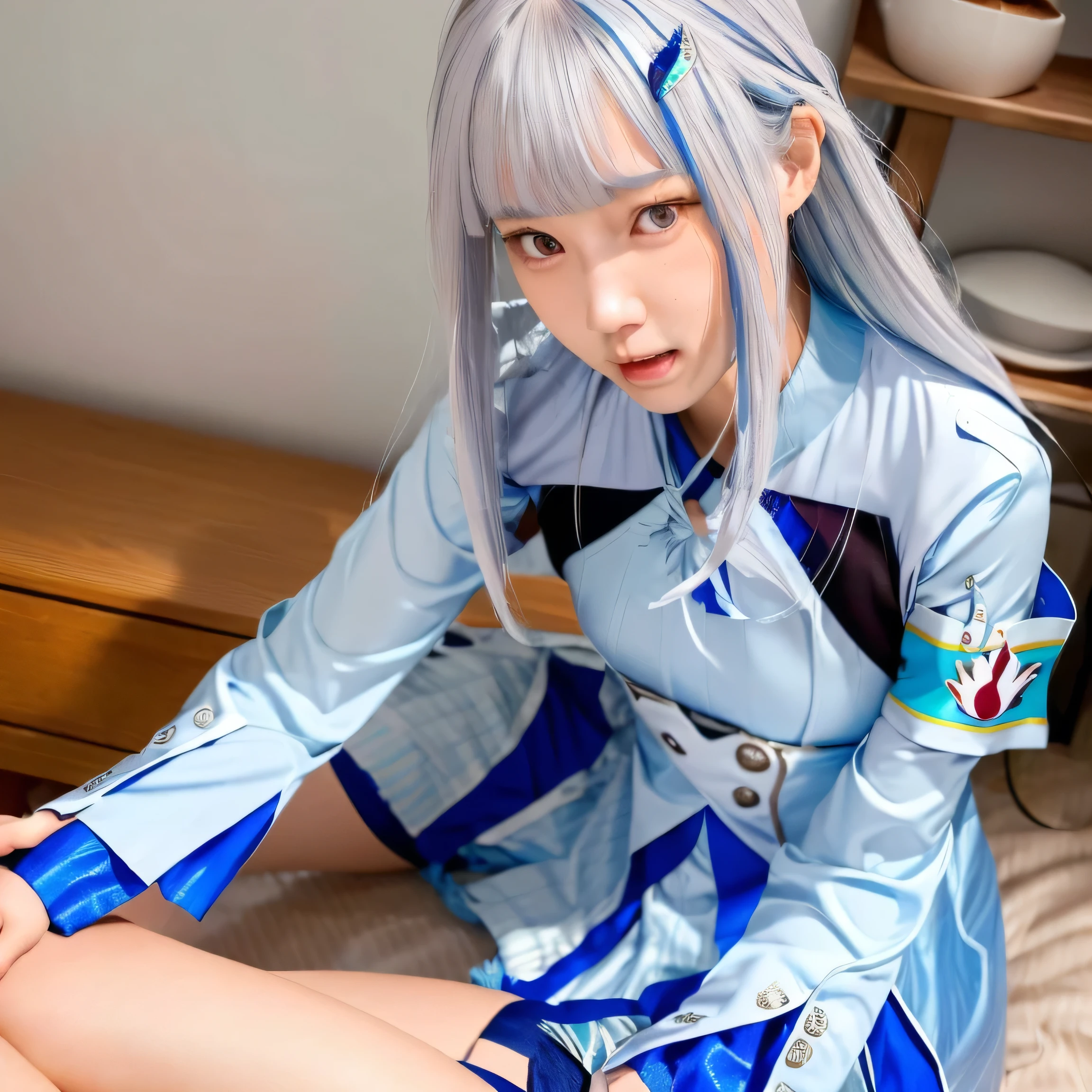 ,(((Liz Hellesta))),(Liz Hellesta髪),((Dressed seriously)),(((Do not expose breasts))),masterpiece, Highest quality ,(1 beautiful woman), Liz Hell,cameltoe,(Straight gray straight hair,((Bangs)),((Beautiful Japanese woman face)),Thin face,((Thin cheeks)),Beautiful woman face,Precise depiction,Excellent costume design, (Small breasts), Slender upper body,(8k Full Body RAW Photo), (Highly detailed skin: 1.2), ((Oily skin)),smile, Highly detailed face, ((Grey Hair)),fine grain, (((Sweaty body))), (((Oily skin))),Inside the room,1 Girl,Open your mouth,(((Open your eyes))),(((View your viewers))),Look this way,(((Open your eyes))),(((Open your eyes))),,(Realistic:1.0),Front view,1girl,Hair Ornament Net、Long Hair、Long sleeve、((Blue thigh-high socks in silk fabric))、((Armband))、Blue pleated mini skirt、((White jacket, cotton material))、(tight white shirt)、Blue Skirt、((Metallic black thigh straps)),(((Front view))),View your viewers,((Open your mouth)),Showing teeth,Constricted eyes,(((blush,shame))),(((Puzzled expression))),Ecstasy, Heavy breathing, Open your mouth, Female orgasm,