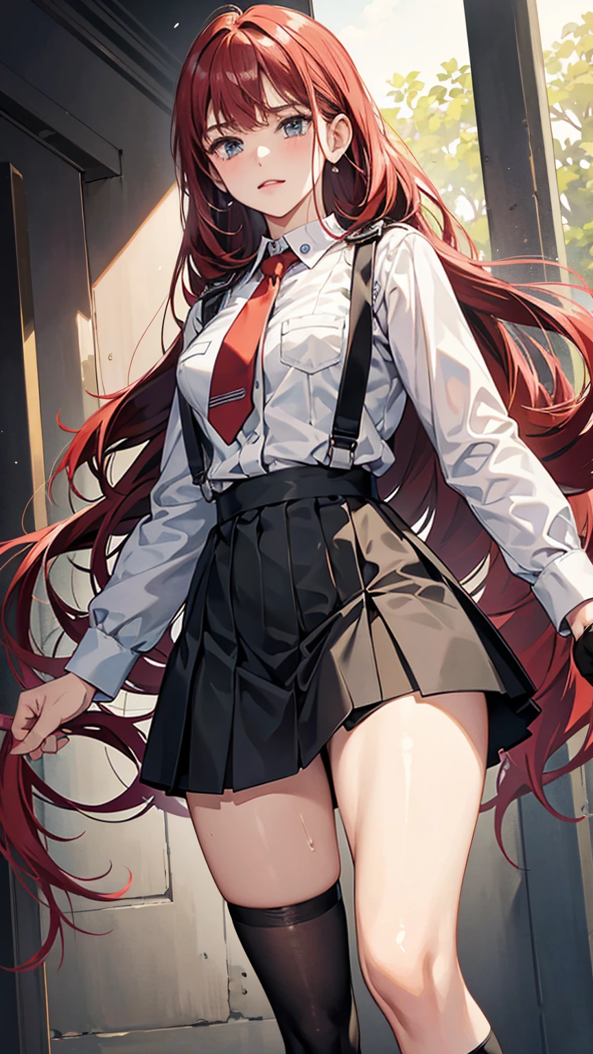 {{masterpiece}}, {{{Highest quality}}},{{Very detailed}}, {{figure}},{{tall}},{{Adult female}},,{{Fighting stance}},{from side},{{Long sleeve mini skirt uniform}},{}},}}{}},{fighting stance}},{},{}, ,{{}},{{Eyelet foot}},,{{blushing with anger}},{{}},,{{}},{{}},,Slender body}}{{Avoidance}}{{Female police officer}},,,,suspenders ,Long sleeve mini skirt uniform, White High Socks,Black fingerless gloves, Long Red Hair, Red tie,Straight hair ,Blunt bangs,Thigh holster,.amountn loafer,,blush,Wrinkles ,amount,Grit your teeth,suffering,v-shaped eyebrows.,Sweat dripping,Medium chest ,get annoyed,,Slums,,Twisting,