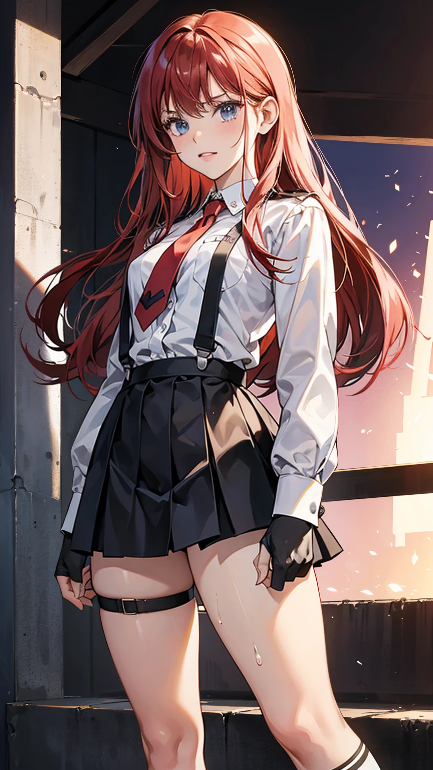 {{masterpiece}}, {{{Highest quality}}},{{Very detailed}}, {{figure}},{{tall}},{{Adult female}},,{{Fighting stance}},,,{{blushing with anger}},,{{Long sleeve mini skirt uniform}},,,{{blushing with anger}},}{}},{fighting stance}},{},{}, ,{{}},{{Eyelet foot}},,{{From Below }},{{v-shaped eyebrows}},,{{}},{{}},,Slender body}}{{Avoidance}}{{Female police officer}},,,,suspenders ,Long sleeve mini skirt uniform, White High Socks,Black fingerless gloves, Long Red Hair, Red tie,Straight hair ,Blunt bangs,Thigh holster,.amountn loafer,,blush,Wrinkles ,amount,Grit your teeth,suffering,v-shaped eyebrows.,Sweat dripping,Medium chest ,get annoyed,,Slums,,Twisting,