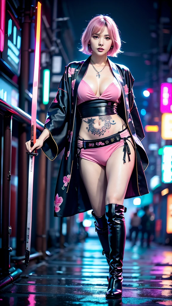 Beautiful Chinese woman, (), cute face, red lips, white moist skin, moles, (under-eye bags),
BREAK,
Feminine body with high athletic ability, Body of a female fitness model, Feminine body with hard tones, (Muscles: 1.2), (Beautiful belly button),
BREAK,
Fighter, Kung Fu fighter, Idol, (Yakuza), (Yakuza),
BREAK,
(Wearing a cute black kimono: 1.3), (Kimono with a lot of exposure), (Stiletto heels, black long boots 1.3), necklace, very large earrings, short length,
BREAK,
Short hair, (Short bob hair), (Bangs: 1.2), (Pink hair: 1.3), (Wavy hair),
BREAK,
(Very large Japanese sword: 1.4), (Holding the handle of a Japanese sword: 1.3), (Fighting: 1.2), (Getting into a fighting stance), (Beautiful blade of a Japanese sword: 1.2)
BREAK,
(Japanese tattoo: 1.4),
BREAK,
Masterpiece, Perfect lighting, Ultra high resolution, 8K, (Highly detailed: 1.4), (From the front), Looking at the camera, Melancholic expression,
BREAK,
(Tokyo city, lots of people in the background: 1.2), Shibuya city background in Tokyo, Japan, (Neon lights: 1.2)