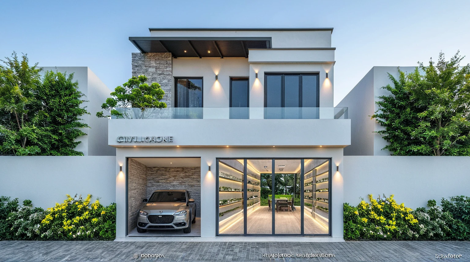 Raw photo, great product, high quality, best quality, authentic, super detailed, outdoor, 2-storey house, modern townhouse style, (white wall), Gray stone fence, painted curved wall white, Curved wall facade, aluminum glass door interior, white painted curved planter, gray tiled wall, gray iron box outer gate, road, sidewalk, grass, trees, sky, clouds, (daylight):1.1)