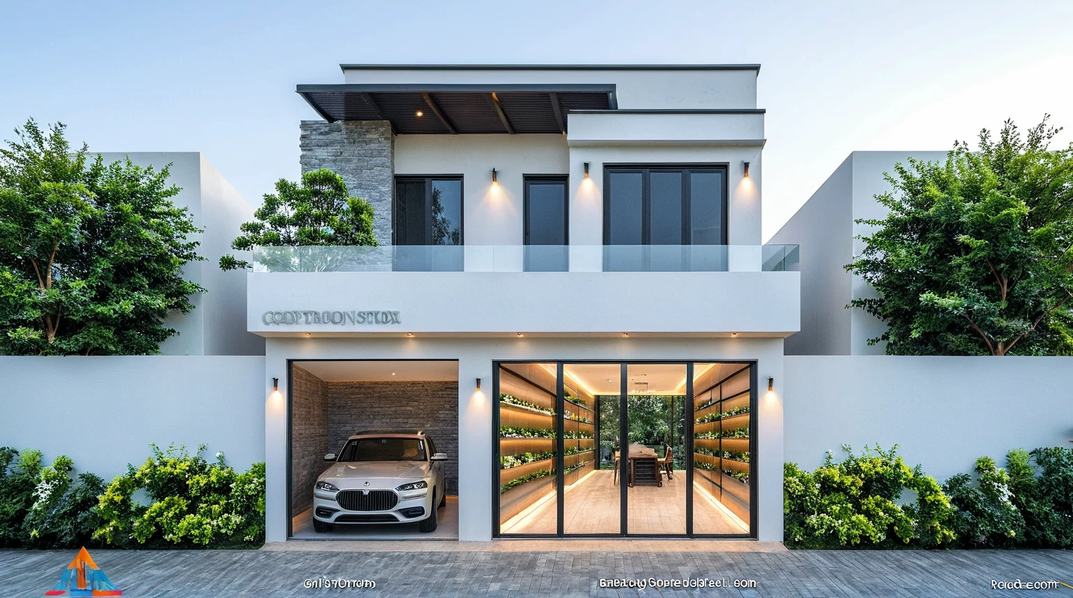 Raw photo, great product, high quality, best quality, authentic, super detailed, outdoor, 2-storey house, modern townhouse style, (white wall), Gray stone fence, painted curved wall white, Curved wall facade, aluminum glass door interior, white painted curved planter, gray tiled wall, gray iron box outer gate, road, sidewalk, grass, trees, sky, clouds, (daylight):1.1)
