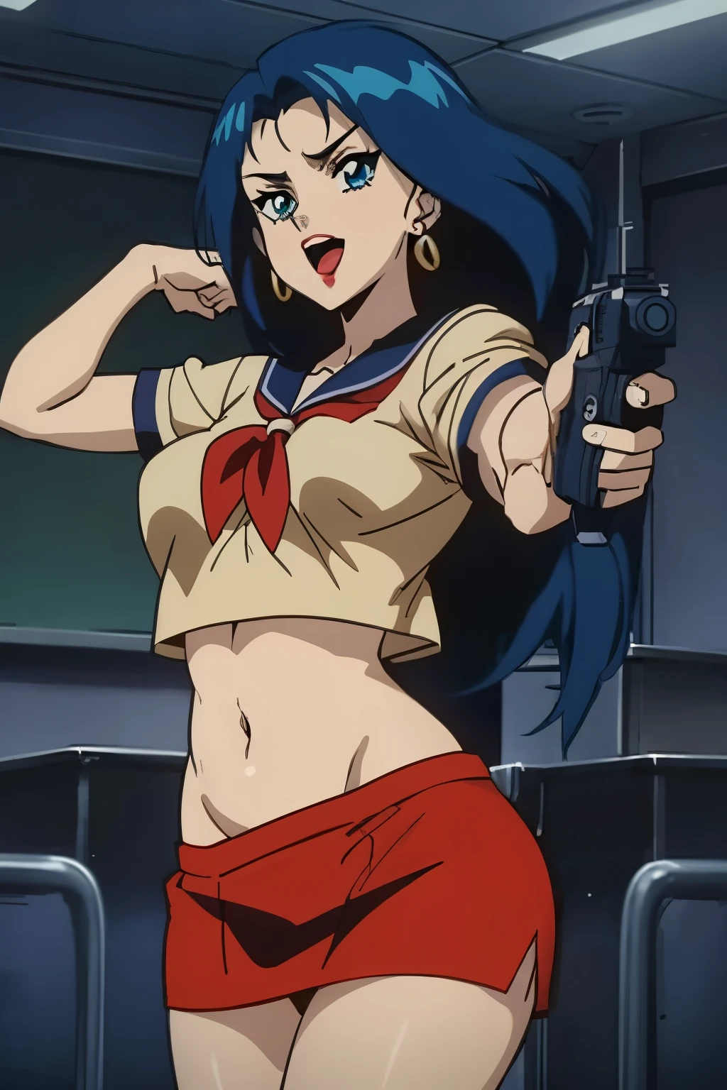 a woman with blue hair , Ai-Mitsu, anime art style, 
Sophine,1girl,black hair,longhair,blue eyes,red_lips_,
 blush, lipstick, jewelry, earrings, tattoo, Hot girl, baddie, mean girl,  sensual, attractive, masterpiece, best quality, highly detailed, a anime girls in sailor uniforms with a gun posing for a picture,
evil smile, smile, open mouth,black_serafuku, ecchi anime style, anime girls , (nsfw) not safe for work,
ecchi style, ecchi, shipgirls, digital anime art!!, high school girls, holding a gun, hold a gun, anime style 4
k, micro skirt, exposed belly, exposed navel, exposed midriff, holding pistol,
exposed lower belly,school, classroom