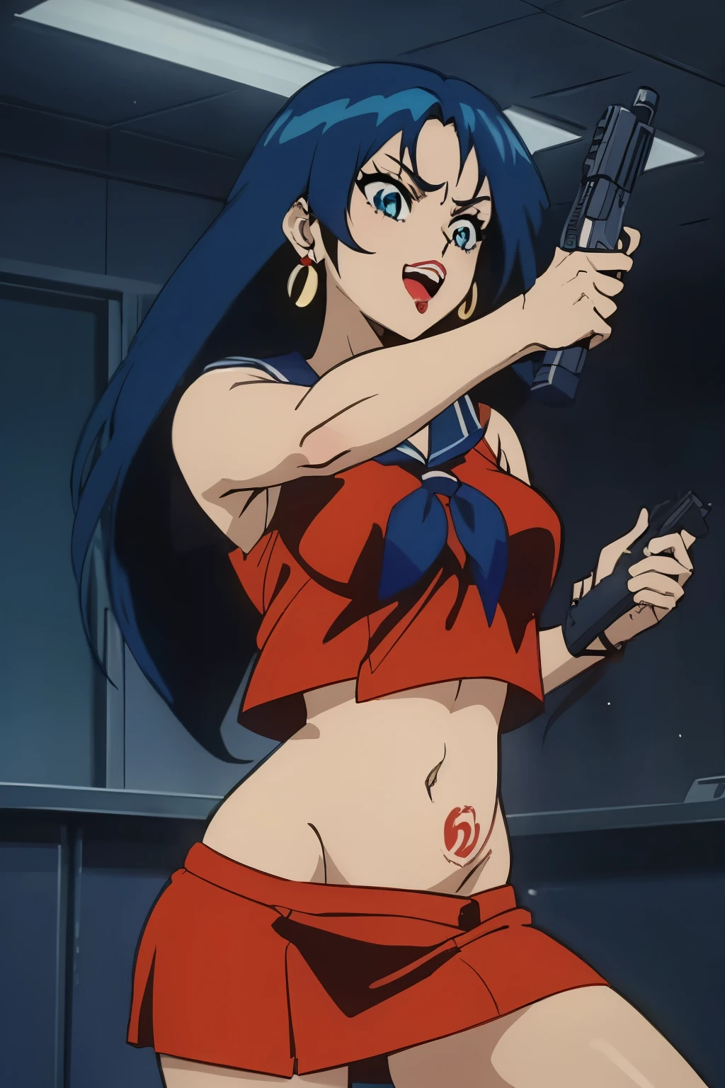 a woman with blue hair , Ai-Mitsu, anime art style,
Sophine,1girl,black hair,longhair,blue eyes,red_lips_,
blush, lipstick, jewelry, earrings, tattoo, Hot girl, baddie, mean girl, sensual, attractive, masterpiece, best quality, highly detailed, a anime girls in sailor uniforms with a gun posing for a picture,
evil smile, smile, open mouth,black_serafuku, ecchi anime style, anime girls , (nsfw) not safe for work,
ecchi style, ecchi, shipgirls, digital anime art!!, high school girls, holding a gun, hold a gun, anime style 4
k, micro skirt, exposed belly, exposed navel, exposed midriff, holding pistol,
exposed lower belly,school, classroom
