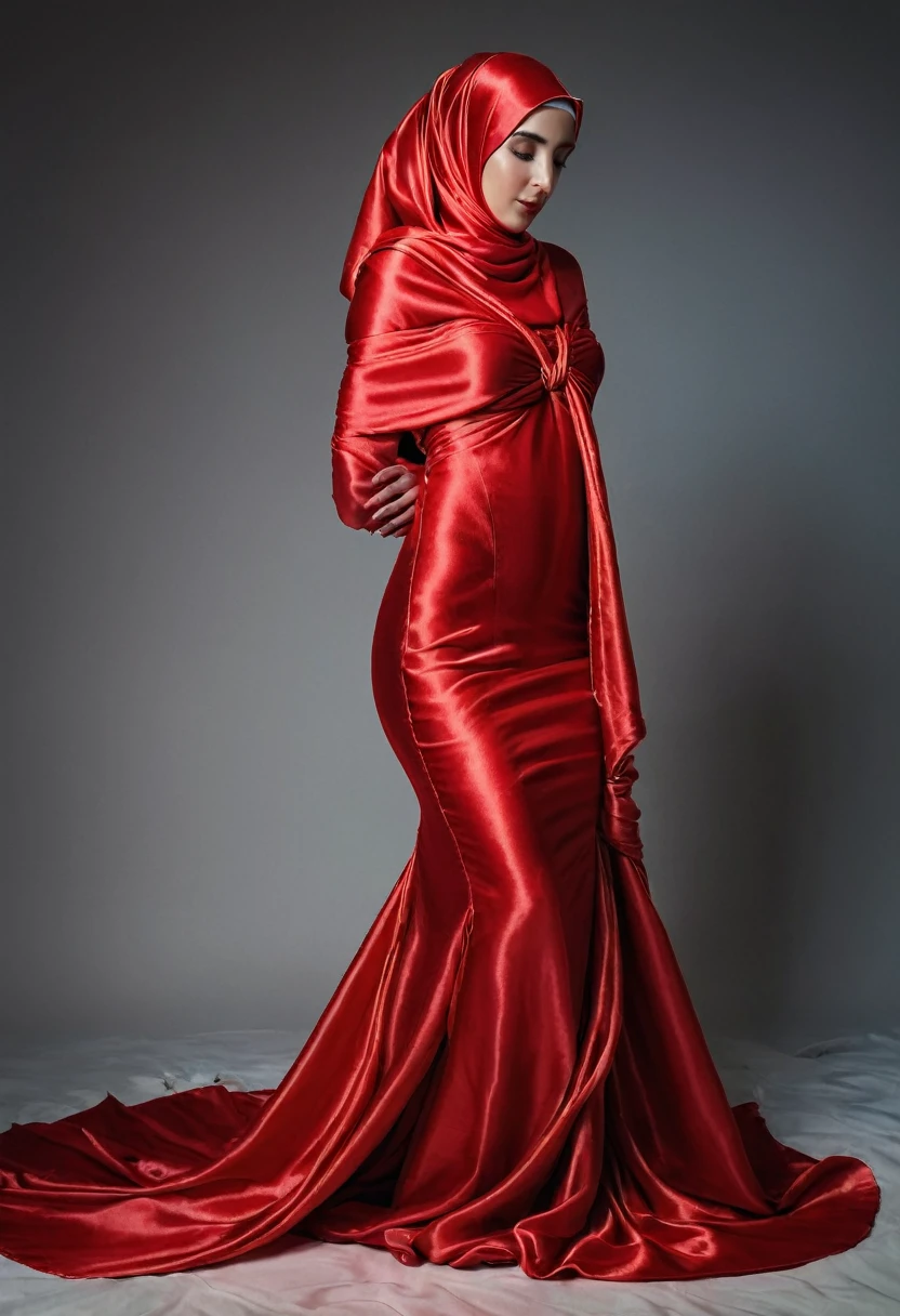 a sexy a woman covered in large red satin cloth, tied tightly with the satin cloth, mummified, the satin hanging down very long, a mermaid style dress, wearing a satin hijab, the satin cloth is very long, forming the curve of the body, flowy satin about 4 meter,full body pose, masterpice, 4k resolution, ultra-realistic, highly detail.