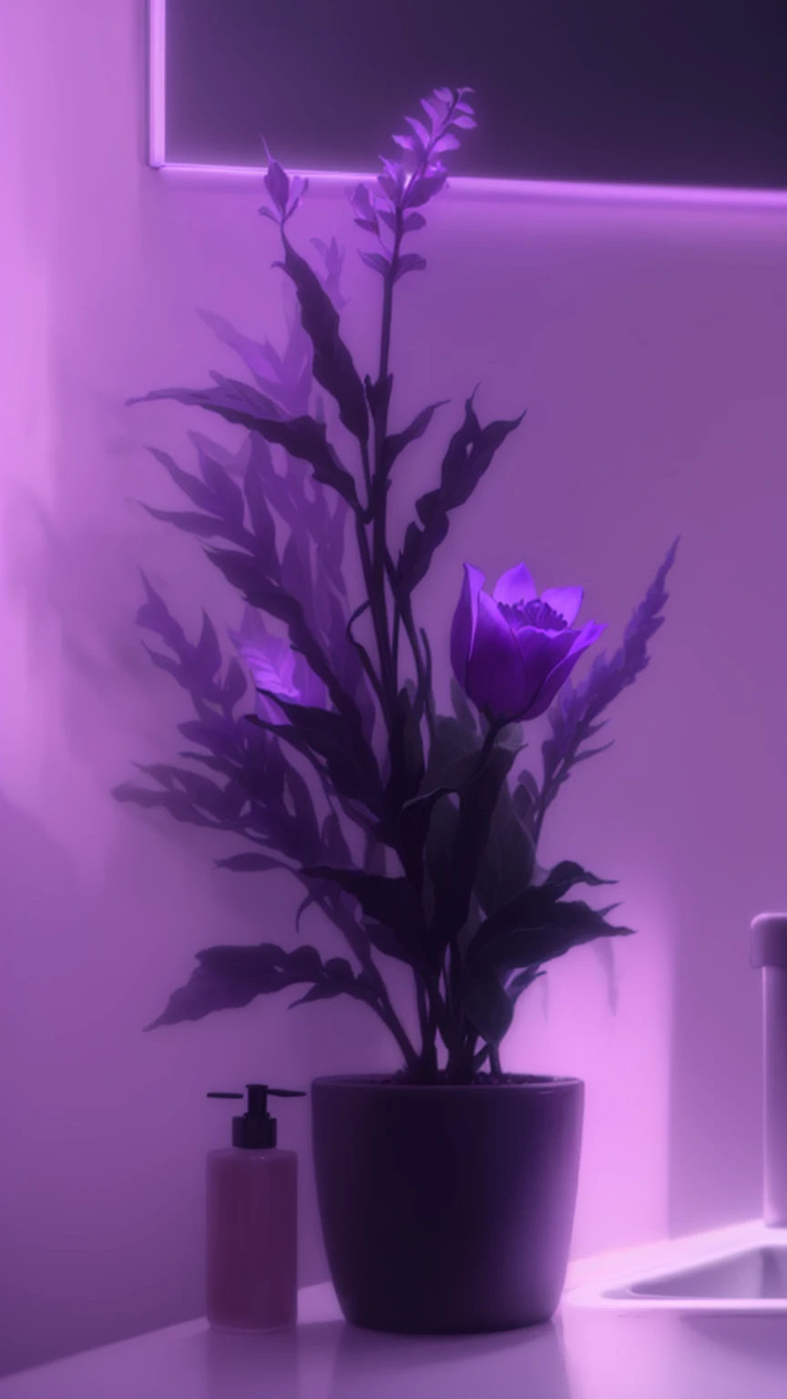 purple light shining on a bathroom sink with a plant in a pot, glowing purple, Purple glow, purple - tinted, dark purple lighting, purple volumetric lighting, soft Purple glow, purple theme, purple lighting, purple hue, Violet Ambient Light, A little purple, purple aesthetic, purple lighting, purple light, purple accent lighting, purple lighting сцены, cool purple lighting