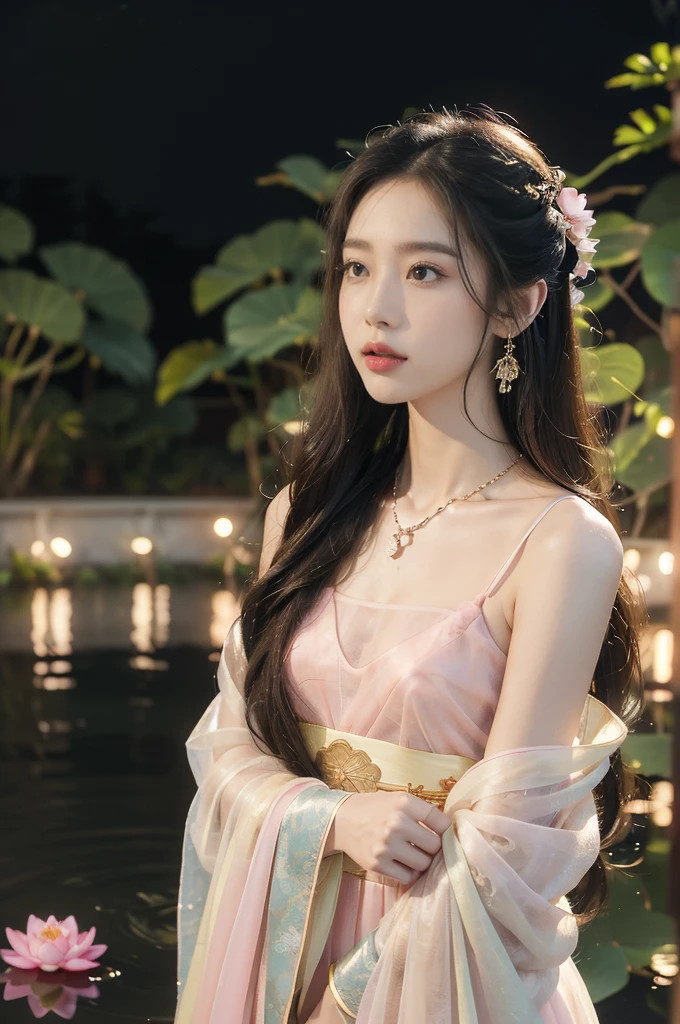 (((best quality))),(((ultra detailed))),(((masterpiece))),illustration,((1 beautiful young girl,solo)),((slim,thin)),(shoulder length straight hair:1.2),((earrings,necklace)),((small breasts,flat chest)),(see through traditional pink sheer Hanfu dress:1.3),(beside the lotus pond full of lotus flowers:1.3), serene moonlight, ethereal,floral pattern, water movement, billowing fabric, tranquil, moon reflection, petals, fireflies, magical, light,warm light, dreams, invitation, standing, gazing, reflection, inner thoughts, emotional, sweet scent, natural beauty, solitude, hypnotic lull, eternal summer,(night scene:1.3), natural world, human spirit, celebration, backdrop, water, glow,((from front,upper body))