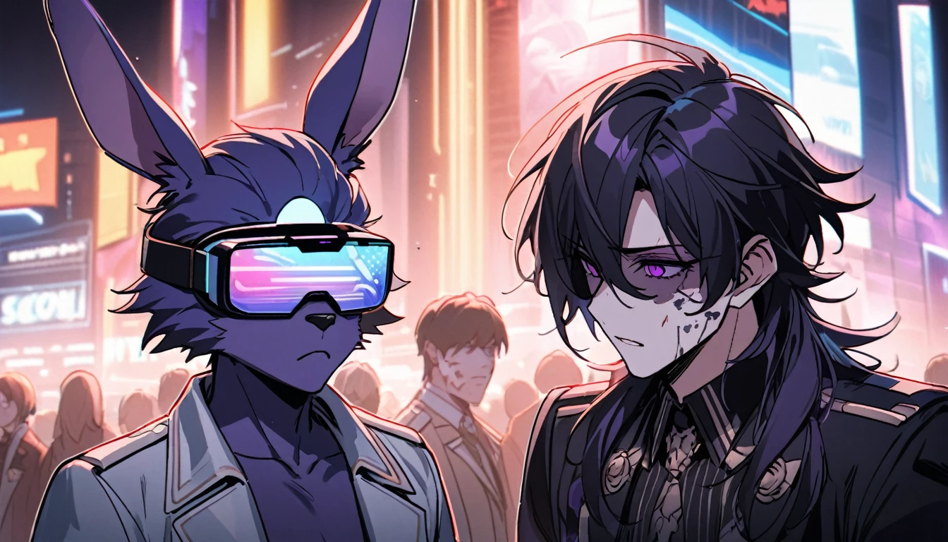 A young half-human, half-beast rabbit with dark purple fur.,There is a wound on the cheek.,Wear VR glasses ,สวมชุดเกราะ Sci-fi robot tone neon , senior officer chief ,portrait distance,Neon city of lights on stage,speaking with determination,straight face