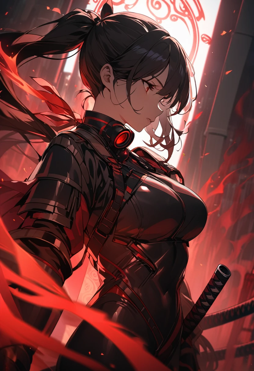 A woman,matured, perfect anatomy, high tech gas mask,long pony tail hair(black hair),red aura,red magic circle,long samurai sword,tight outfit,,closeup cinematic lighting, cinematic angle,side view
