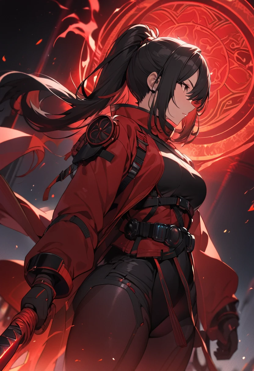 A woman,matured, perfect anatomy, high tech gas mask,long pony tail hair(black hair),red aura,red magic circle,long samurai sword,tight outfit,,closeup cinematic lighting, cinematic angle,side view