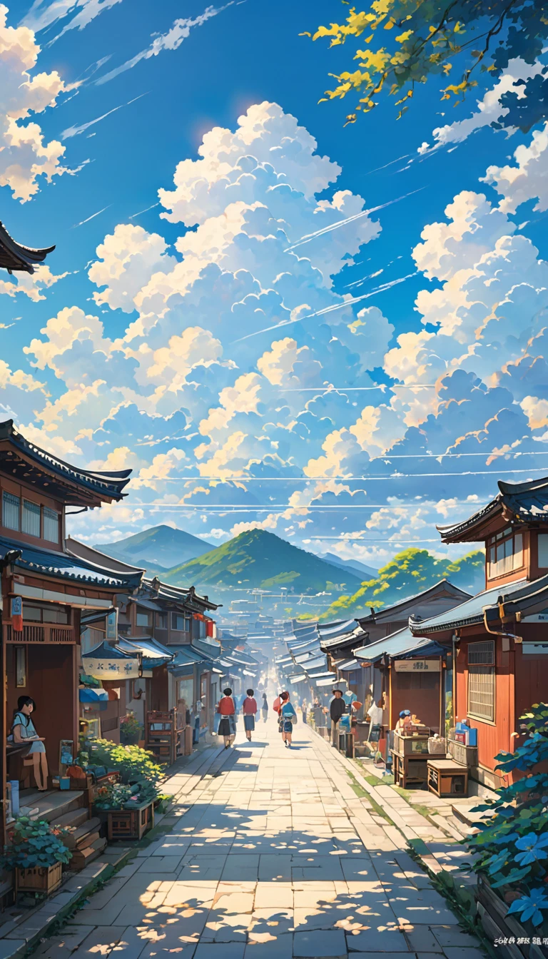 Broad, Bright blue sky filled with fluffy white clouds,Exposed to sunlight. below, 一幅Broad城市景观延伸至整个画面, Its details are bathed in the natural light and shadows of the sky.. This scene gives people a sense of vastness and tranquility.