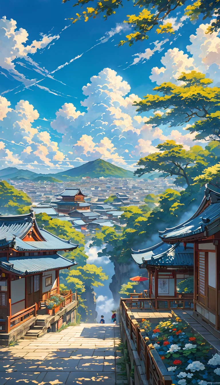 Broad, Bright blue sky filled with fluffy white clouds，Exposed to sunlight. below, 一幅Broad城市景观延伸至整个画面, Its details are bathed in the natural light and shadows of the sky.. This scene gives people a sense of vastness and tranquility.