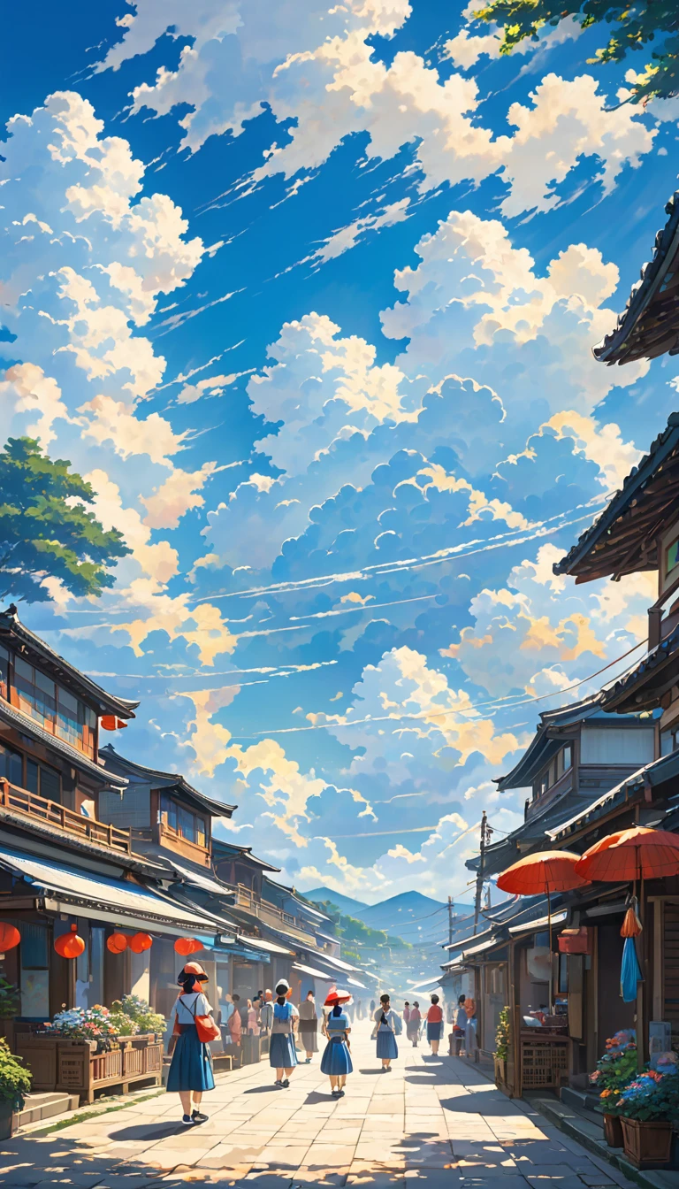 Broad, Bright blue sky filled with fluffy white clouds，Exposed to sunlight. below, 一幅Broad城市景观延伸至整个画面, Its details are bathed in the natural light and shadows of the sky.. This scene gives people a sense of vastness and tranquility.