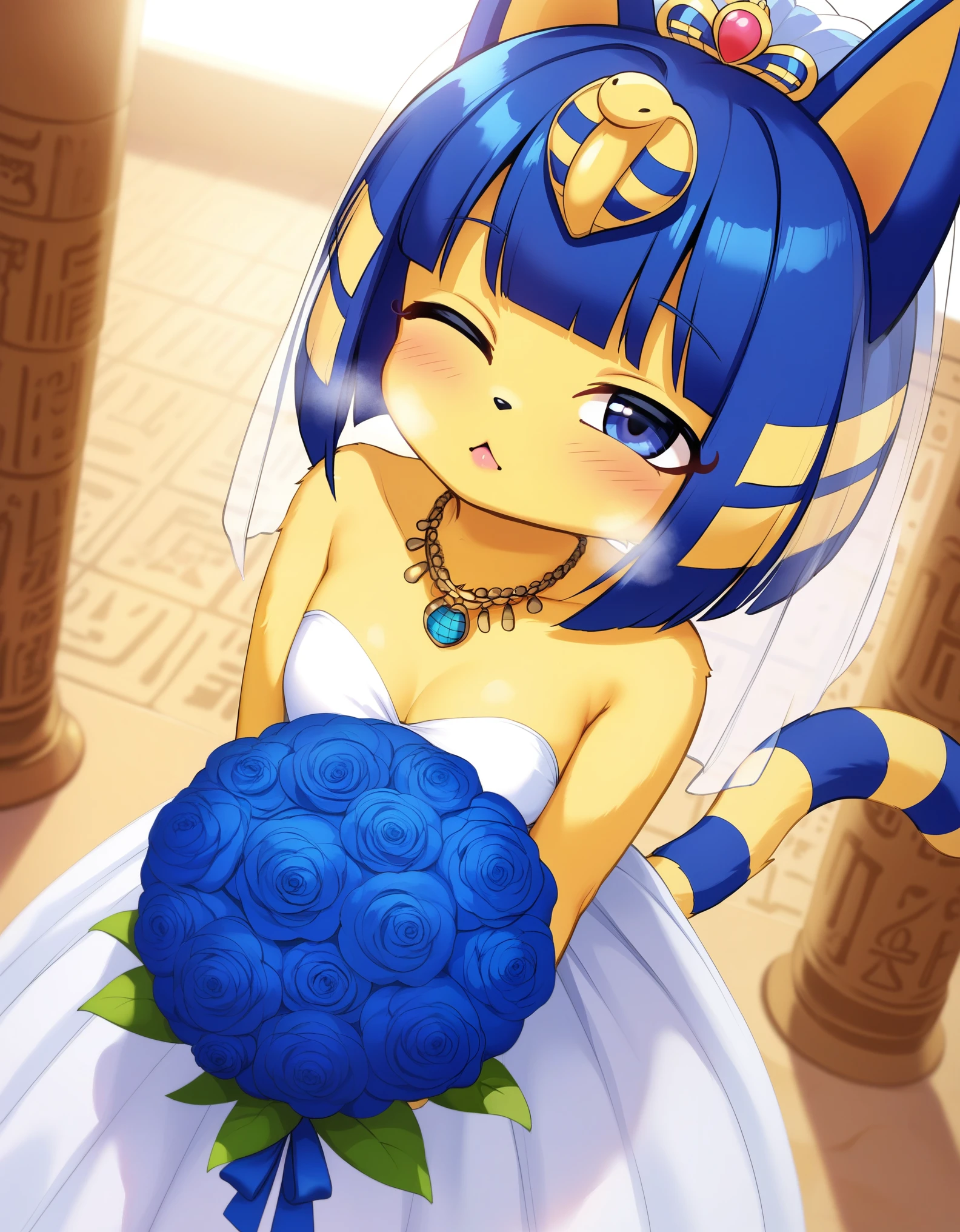[isaCrossing], [Isabelle; Animal Crossing], [Uploaded to e621.net; (Pixelsketcher)], kemono, dagasi, solo female ankha \(animal crossing\) with ((tiny and short body with yellow fur)), (blue hair), (blue eyes), (yellow and blue striped cat tail), ((anthro furry)), (wearing cute wedding dress:1.4), (egyptian necklace), ((small breasts)), (cleavage), (detailed fluffy fur), (front view), ((standing, bird's eye view)), (bending over viewer), (heavy breathing), (kissing expression), (closed eyes), (shy), (holding a bouquet of blue flowers), (detailed background, egyptian temple background, depth of field, half body shadow, sunlight, ambient light on the body), (intricate:1), (high detail:1.3), (unreal engine:1.2), (soft focus:1.15), [explicit content, questionable content], (masterpiece, best quality, 4k, 2k, shaded, absurd res)
