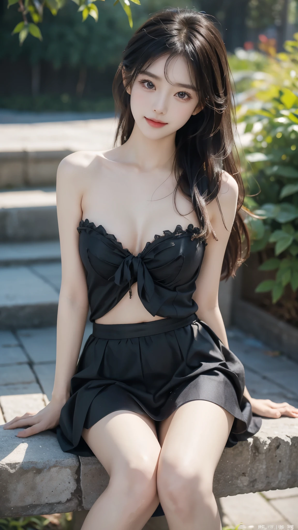 Asian Beauty，((Visible cleavage)), The warm sunset rays fell on her，((knee shot)), ((Side sitting，Legs bent at one side)), ((Sit in a relaxed posture，Calf and thigh definition)), ((Shapely legs, Real legs, Smooth legs)), Correct Legs, Anatomically correct，slim body，Very thin，She sat elegantly，One hand behind the back，The body leans back slightly，Head slightly tilted to one side，Show a charming smile。The skirt flutters gently in the wind，Adds a touch of fantasy。Her face is delicate，Under the long eyelashes are a pair of bright big eyes，The corners of the mouth slightly raised，Appear gentle and confident。Her long hair was casually draped over her shoulders.，A few strands of hair fluttering gently in the breeze。The diagonal composition makes the picture more vivid，The foot is in the lower left corner of the screen，The body and gaze extend to the upper right corner，Creates an elegant diagonal visual effect。