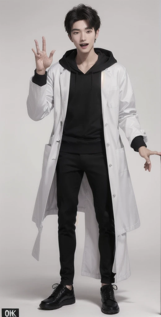 (OK Sign.:1.7),(photorealistic:1.2), (high detail face:1.3), (high detail hands:1.3), (anatomically correct hands:1.2), handsome young asian man, Japanese idol style, short clean-cut hair, ((center part)), (crisp white lab coat:1.3), ((black hoodie underneath:1.2)), (black pants:1.2), (black shoes:1.2), (enthusiastic expression:1.3), ((explain pose:1.4)), (both arms raised:1.3), (clenched fists:1.3), (energetic stance:1.2), plain white background, mid-shot portrait, full body view, high quality, detailed, 8K, (realistic skin texture:1.2), (sharp focus:1.1), (contrast between white coat and black clothing:1.2)