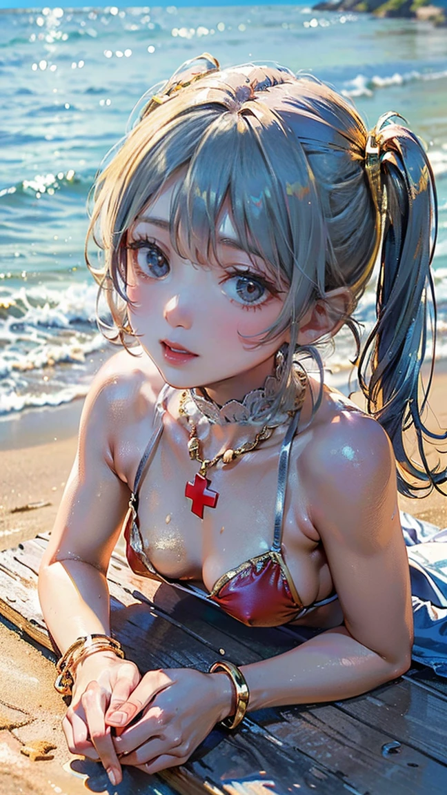 (masterpiece, Highest quality:1.3), (Very detailed:1.2), (hyperRealistic:1.3), (RAW Photos:1.2), High resolution raw color photos, False eyelashes、lipstick、Focus on the whole body、Professional photos, (PhotoRealistic:1.4), (Realistic:1.4), Professional Lighting, Perfect Anatomy, (Small breasts:1.2), (blue eyes:1.8)、Detailed face), (Angry expression:1.5), (Golden Hair:1.5), tattoo、Very long hair、Brown Skin、Sunburn、(Twin tails)、 necklace, bracelet, sexy, erotic sexy, (ランダムなsexyなグラビアポーズ), (Beautiful woman in a red cross-back bikini、Sunbathing on the beach。Simple silver anklets to adorn your feet.。: 1.3)