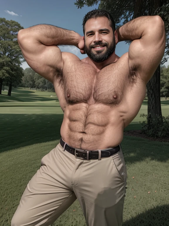 Masterpiece, Best Quality, High resolution, close-up portrait, (1 chico:1.4) A man in golf clothing, muscular, (with shirt: 1.2) male focus, focus alone, tanned skin, 38-year-old man in golf course., muscular, strong, furry, masculine, (shirtless: 1.2), in the background a farm, in a storm, amazing composition, front view, HDR, volumetric lighting, (plano general, FROM THE FRONT:1.2) (GS-Macho :1.5) (magnificent landscape:1.2), macho, thick forearms, thick arms, huge thighs, charming smile, winking