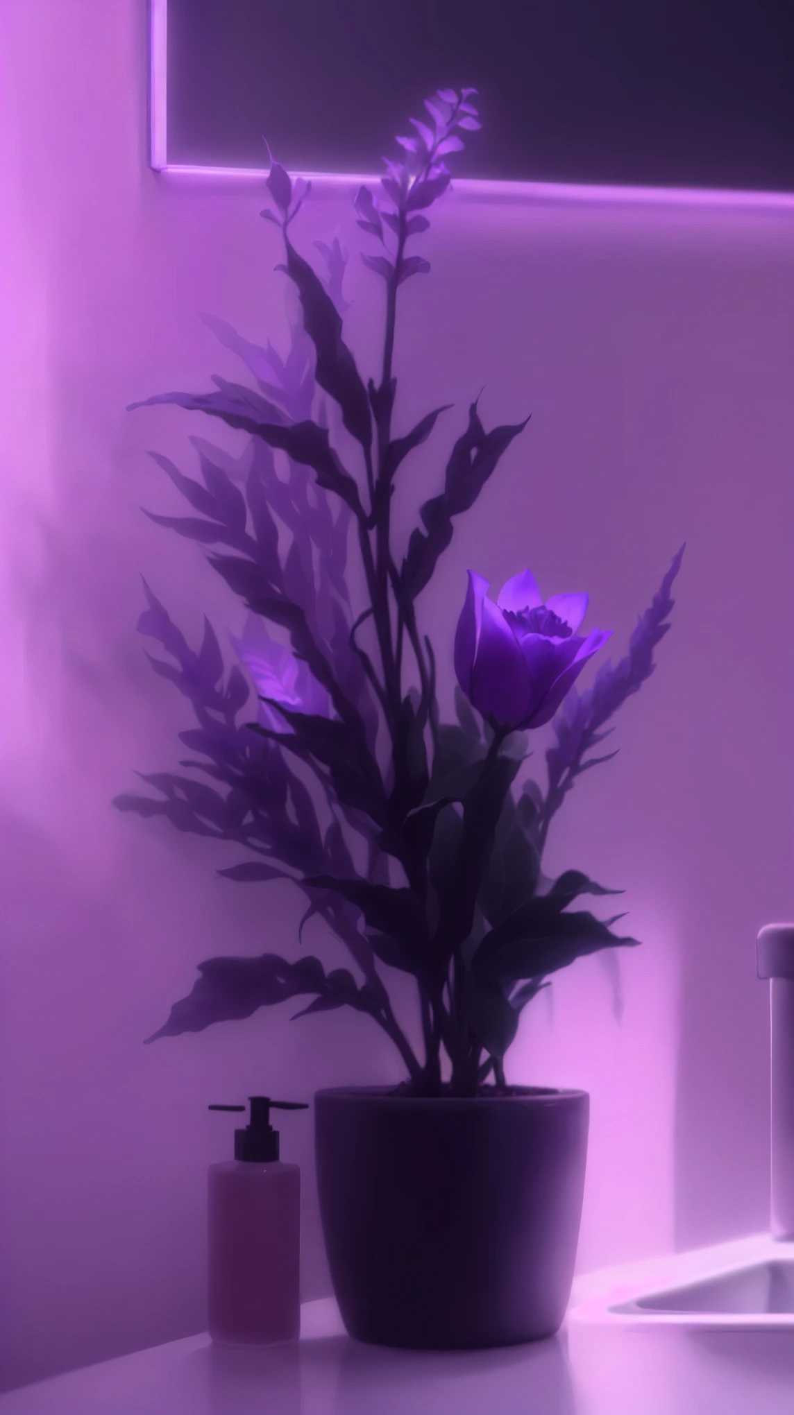 purple light shining on a bathroom sink with a plant in a pot, glowing purple, Purple glow, purple - tinted, dark purple lighting, purple volumetric lighting, soft Purple glow, purple theme, purple lighting, purple hue, Violet Ambient Light, A little purple, purple aesthetic, purple lighting, purple light, purple accent lighting, purple lighting сцены, cool purple lighting
