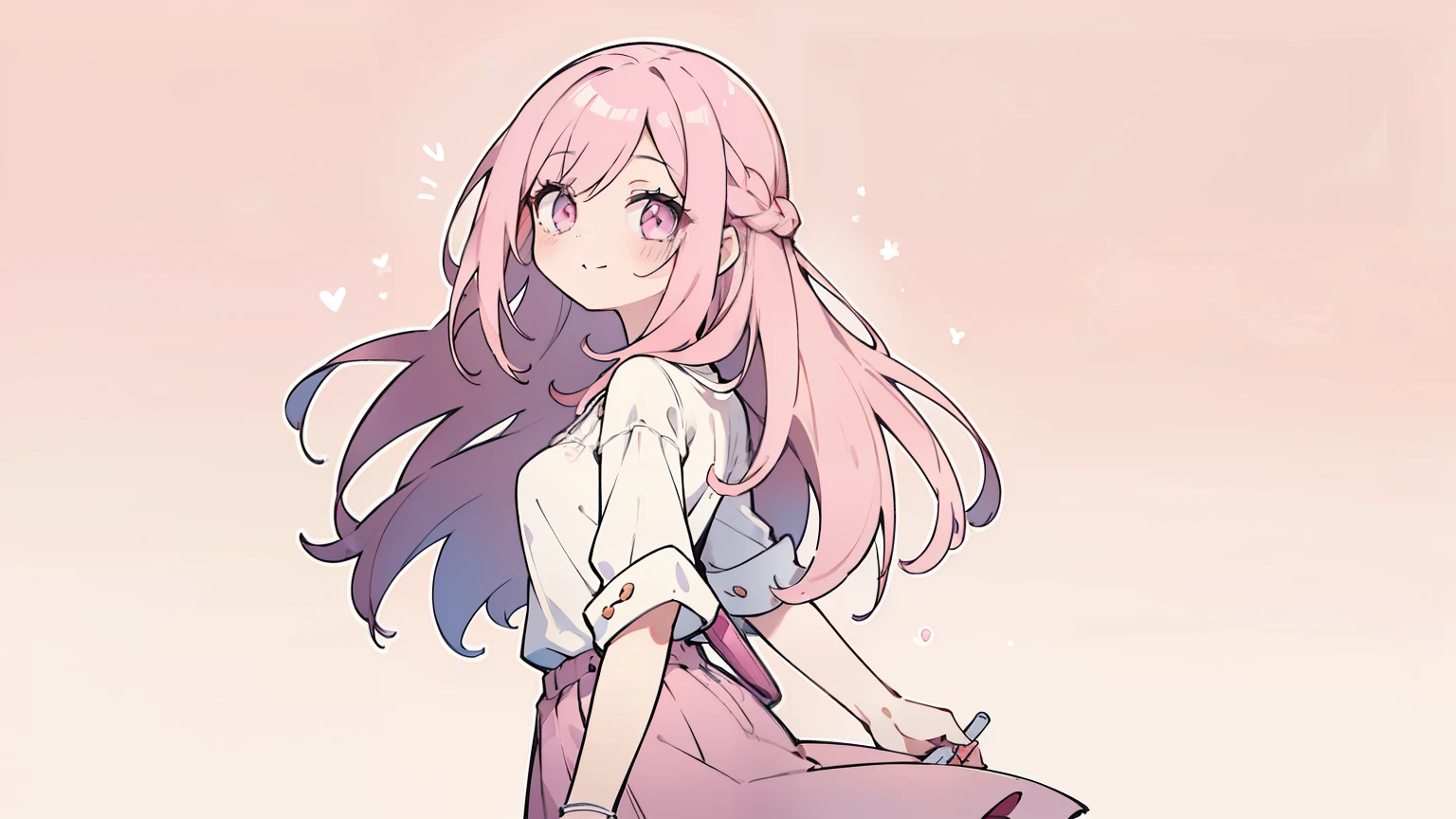 masterpiece, beautiful detailed, (casual clothes), 1girl, pink Eyes, pink hair, long hair, layered hair, smile, taking a walk, medium breasts, pastel color, ((no background:1.4)), (((bold outline))), limited palette
