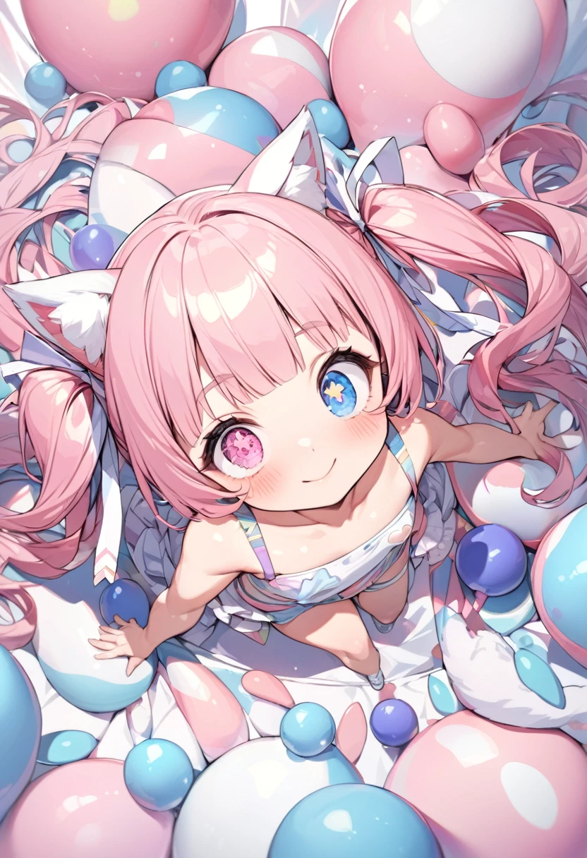 masterpiece, best quality, insanely detailed, 16K, absurdres, Full-HD,, hopeful, smile,looking away, twintail, two side up, bun hair, wave hair, medium hair,twintails, hair bun, blunt bangs, wavy hair, shiny hair, pink hair, colored inner hair, pink eyes, blue eyes, odd eyes, with heart-shaped irises, with sparkling eyes, with diamond-shaped irises, with star-shaped irises, with irises, big eyes, droopy eyes, heterochromia, wide-eyed, with heart-shaped eyes, with heart-shaped pupils, fair skin, shiny skin, detailed skin, chibi, slim, tube top, shorts, hair ribbon, sunglasses, smaller face, with cat ears, cat tail, cute face, baby face, japanese idol, 9-year-old, , kawaii, cute, full body shot, from front, front view, from above, wide view, wide shot, golden ratio, framing composition
