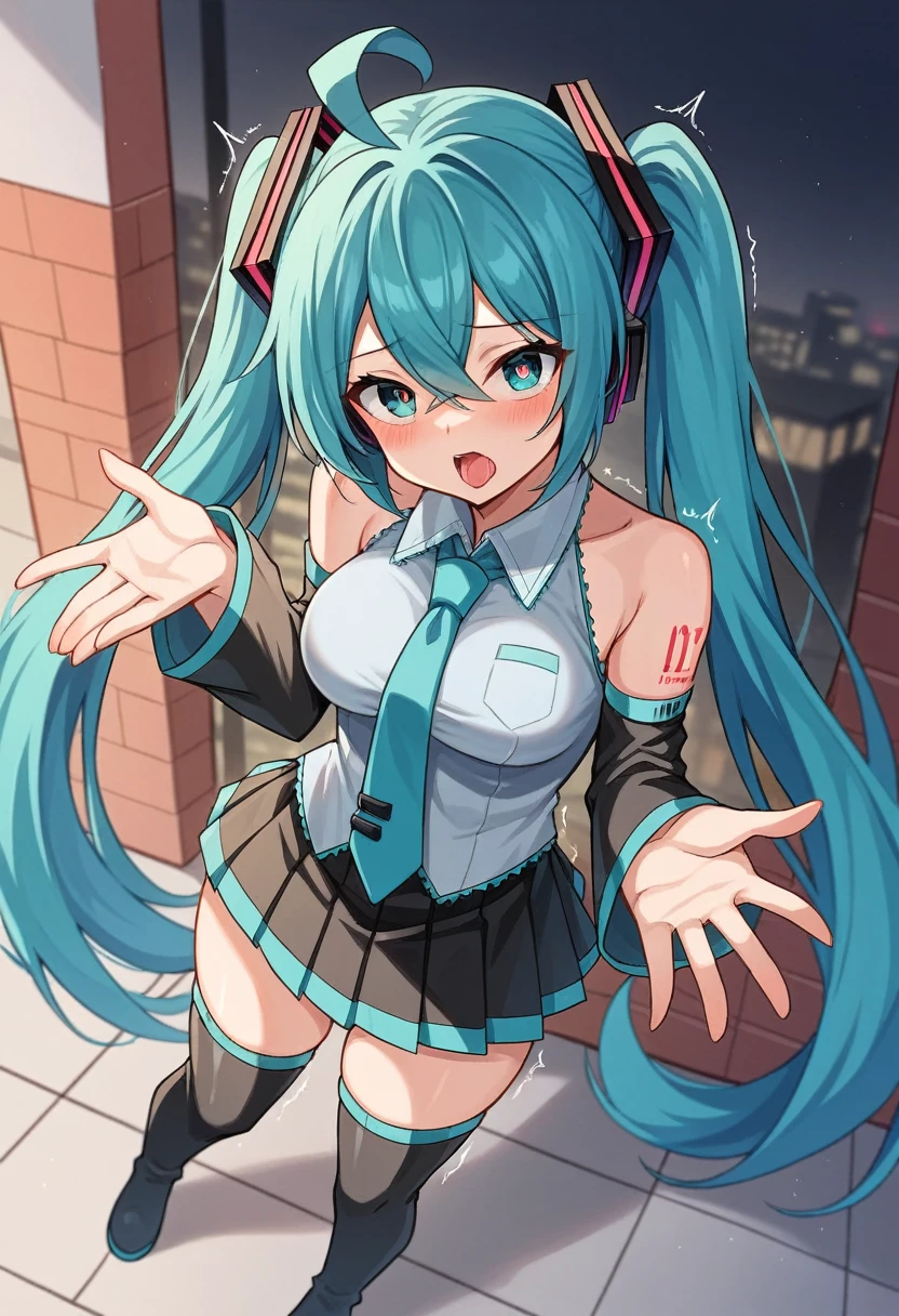 hatsunemiku, miku hatsune, ahoge, aqua eyes, aqua hair, crossed bangs, hair between eyes, hair ornament, headphones, long hair, twintails, BREAK aqua necktie, black footwear, black skirt, black sleeves, boots, collared shirt, detached sleeves, grey shirt, necktie, pleated skirt, shirt, skirt, sleeveless, sleeveless shirt, thigh boots, tie clip, BREAK looking at viewer, BREAK outdoors, city, BREAK (masterpiece:1.2), best quality, high resolution, unity 8k wallpaper, (illustration:0.8), (beautiful detailed eyes:1.6), extremely detailed face, perfect lighting, extremely detailed CG, (perfect hands, perfect anatomy), Get blush, ((pink heart shaped eyes)), Used big condom hold in mouth, Spread legs wide, (((semen overflowing from the vagina))), ((Open your pussy with the fingers of both hands)), NSFW, no mosaic, (((Girl trembling with sexual climax))), Ahegao. (((Above rolling her eyes))). (((Girl trembling with sexual climax))). Big breasts, shoot from below,