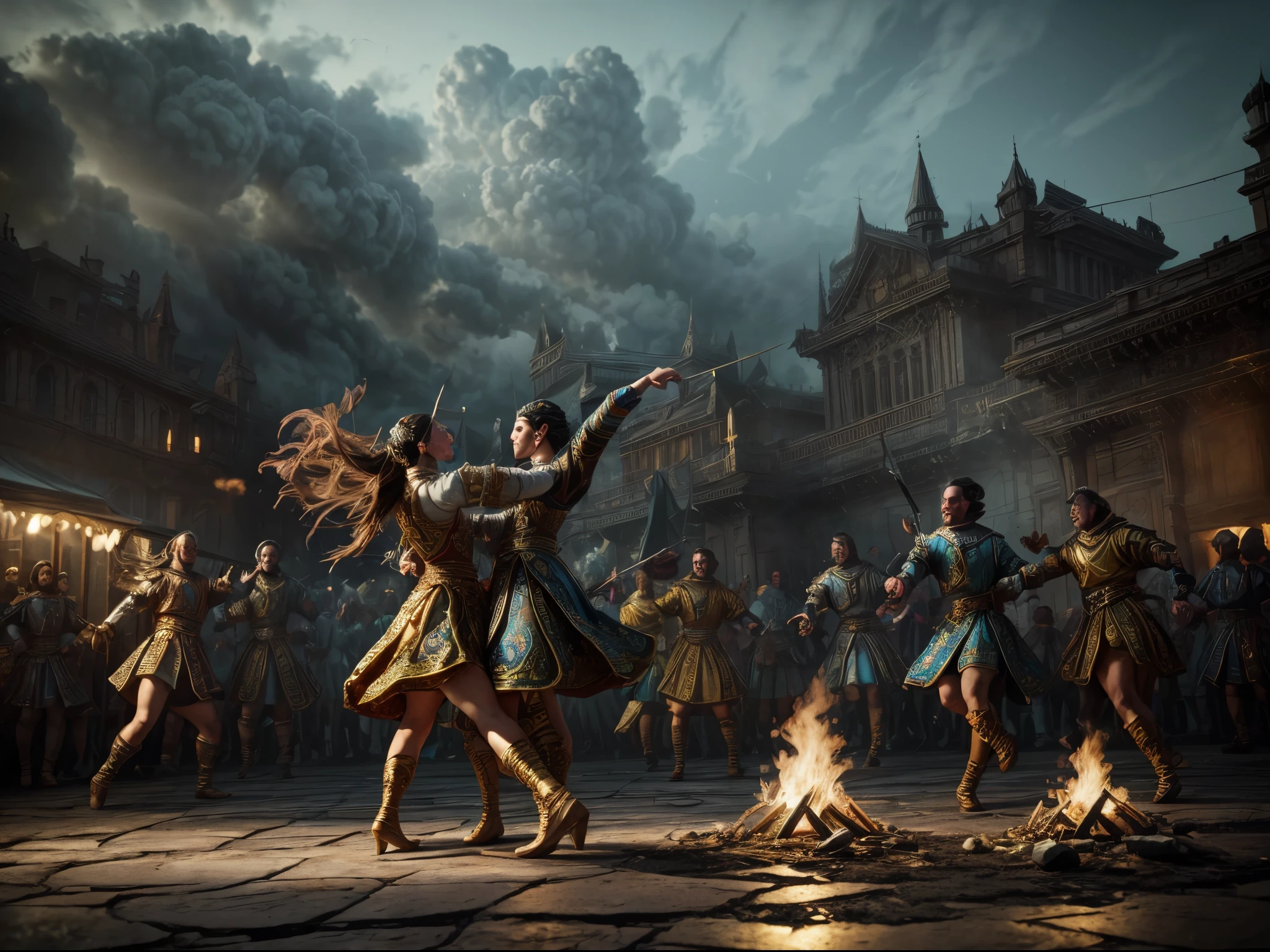 8k, elegant, majestic, digital photography, ((masterpiece)), sidelighting, hdr,  vibrant abstraction of a medieval festival, dynamic dancers twirl amidst a sea of vivid, (highly detailed face:1.5), swirling hues, evoking joy and movement. Realistic hands. [The character is surrounded by mist, evoking a mysterious and eerie atmosphere. The lighting is dark and atmospheric, with smoke adding a touch of sinister ambiance. Best quality image, HDR enhancement, showcasing the utmost level of detail and realism, full body shot:1.5]. [8K, Best Quality, Ultra High Resolution, (highly detailed CG unity 8k wallpaper), (best photo), (best shadows), isometric 3D, octane rendering, ray tracing, highly detailed, (Best quality, 4K, 8k:1.2), absurdity, ultra detailed, (realistic, photorealistic, photorealistic:1.37), complex parts, HDR, (complex parts:1.12), (hyper detailed, hyper realistic, Soft lighting, spicy:1.2), (complex parts, Hyper detailed:1.15). Blurred foreground. (backlit), masterpiece, high quality, brightness, chromatic aberration, foggy smoke, shadows, contrast, clear sky, (warm hue, warm tone), high details, natural reflections]. (YES SFW)