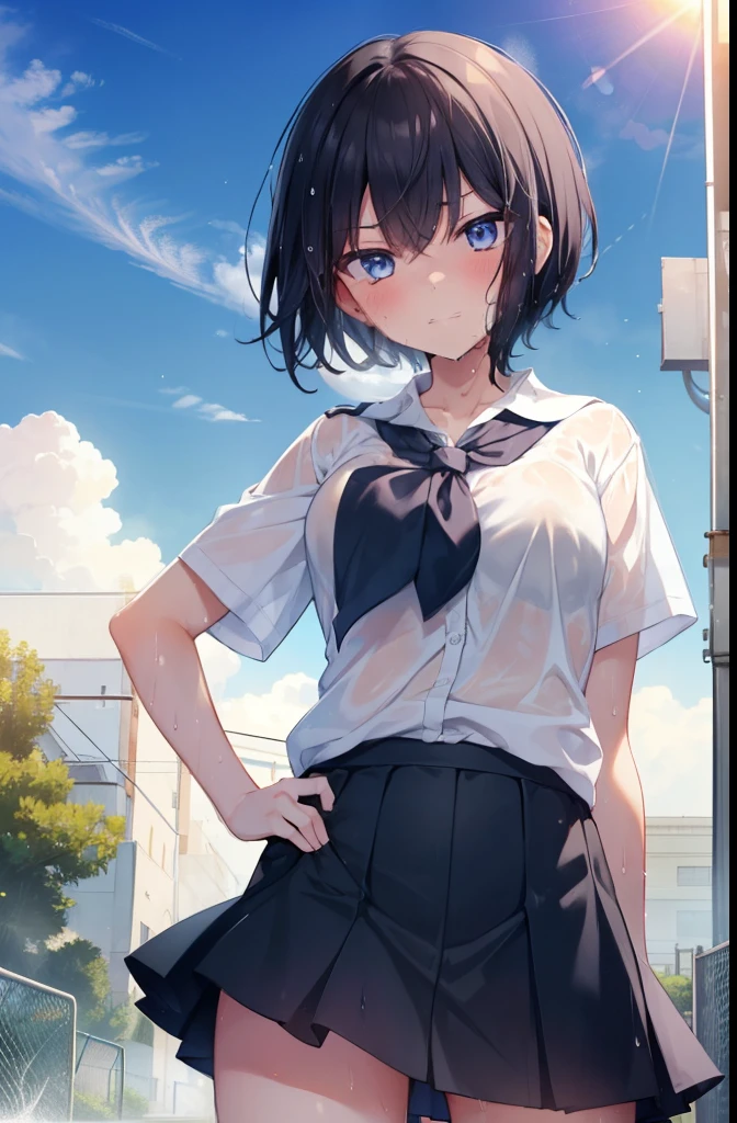 high school,Schoolyard,sunny,Girl 1,boyish,short hair,Black Hair,blue eyes,smile,Serious face,blush,Sweaty,Wet,Summer uniform for girls,Miniskirt,Cowboy Shot,Place hands on hips,sun,cloud,White shirt,