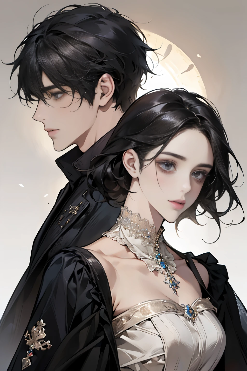 Beautiful and gentle ladies and handsome and cool men，Sweet atmosphere，Perfect face，bust，Back to Back，black hair black eyes，Perfect hands perfect face