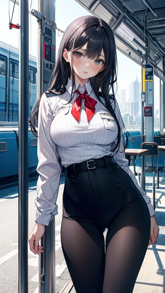 1 Girl:1.3), Solitary, __body parts__ Delicate and realistic skin, Pale skin, Large target, Official Art, Unity 16K Wallpaper, Ultra Detailed, beauty, masterpiece, best quality, Awesome atmosphere, Calming color palette, A calm mood, Soft shadows, Airline stewardess, charm,((Large Breasts)),Black tights,Police Uniform,((Black leggings)),sweater,blush,liquid,cute,Tights