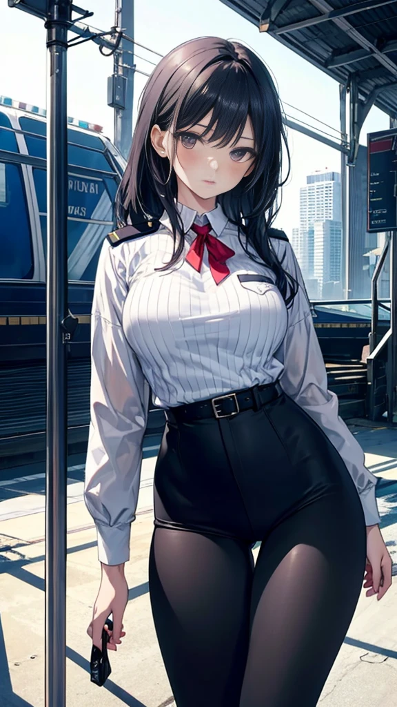 1 Girl:1.3), Solitary, __body parts__ Delicate and realistic skin, Pale skin, Large target, Official Art, Unity 16K Wallpaper, Ultra Detailed, beauty, masterpiece, best quality, Awesome atmosphere, Calming color palette, A calm mood, Soft shadows, Airline stewardess, charm，((Large Breasts))，Black tights，Police Uniform，（(Black leggings)),sweater,blush，liquid，cute，Tights