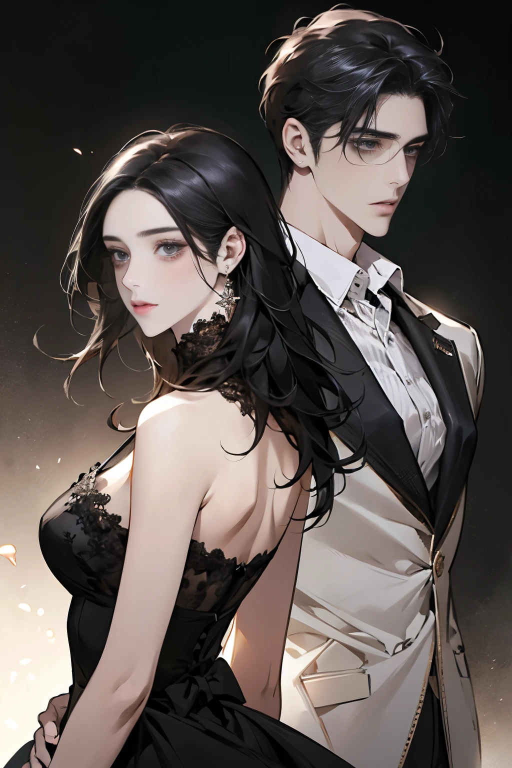 Beautiful and gentle ladies and handsome and cool men，Sweet atmosphere，Perfect face，bust，Back to Back，black hair black eyes，Perfect hands perfect face