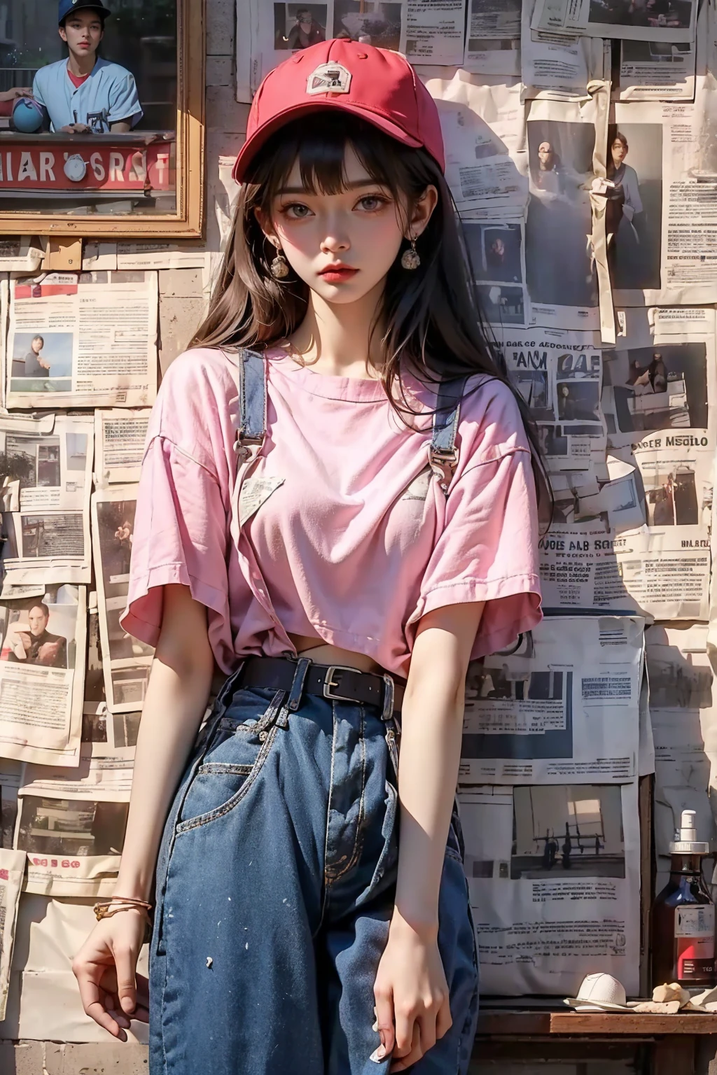 1 Girl,Long hair pink, Baseball cap，Bangs, Slimming short sleeves,Overalls,Hiking shoes, Brown eyes,permanent, diaphragm，Navel,belt,morning_Light,newspaper, newspaper wall,((masterpiece, best quality, Very detailed, Good composition)),