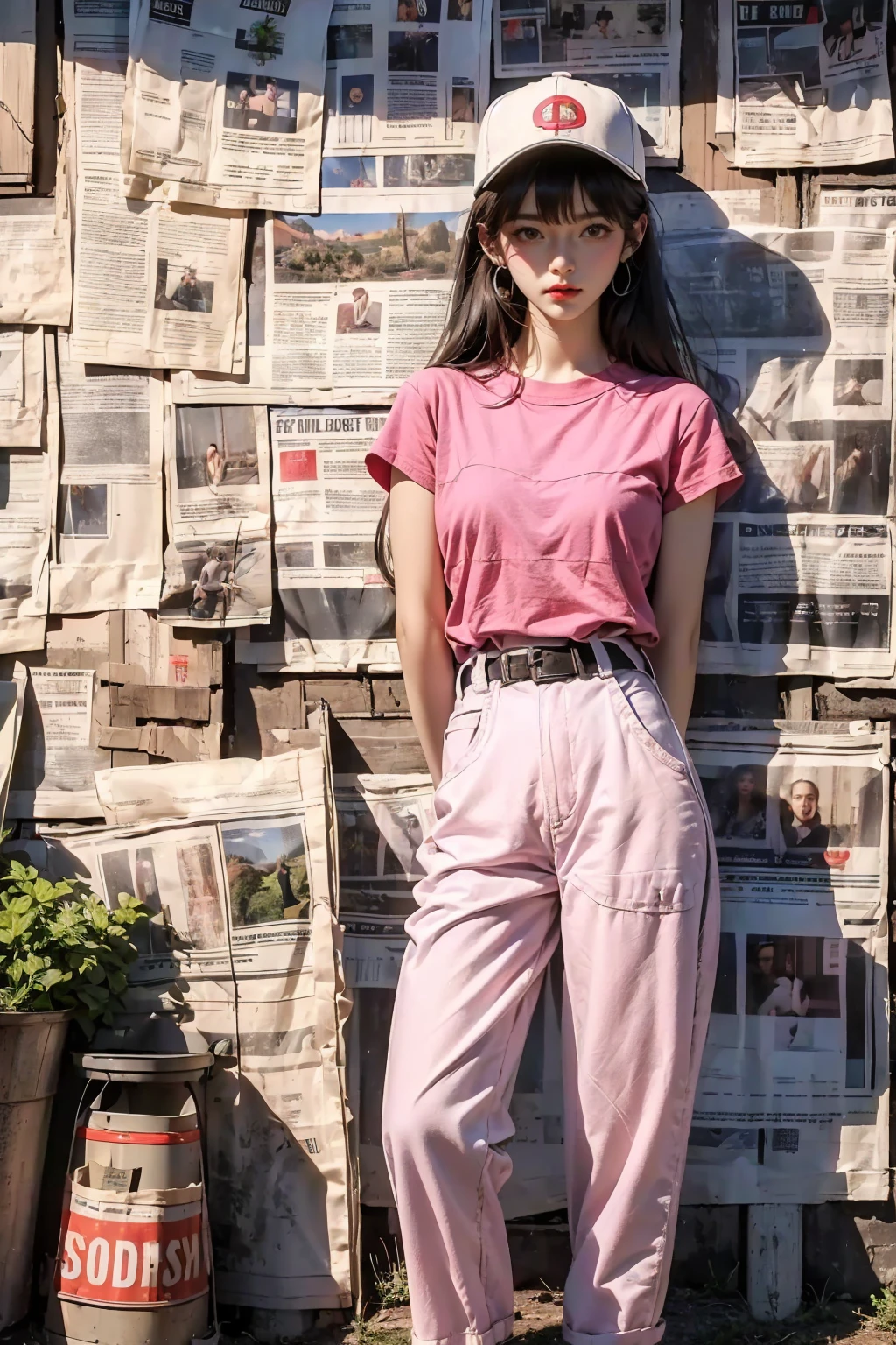 1 Girl,Long hair pink, Baseball cap，Bangs, Slimming short sleeves,Overalls,Hiking shoes, Brown eyes,permanent, diaphragm，Navel,belt,morning_Light,newspaper, newspaper wall,((masterpiece, best quality, Very detailed, Good composition)),