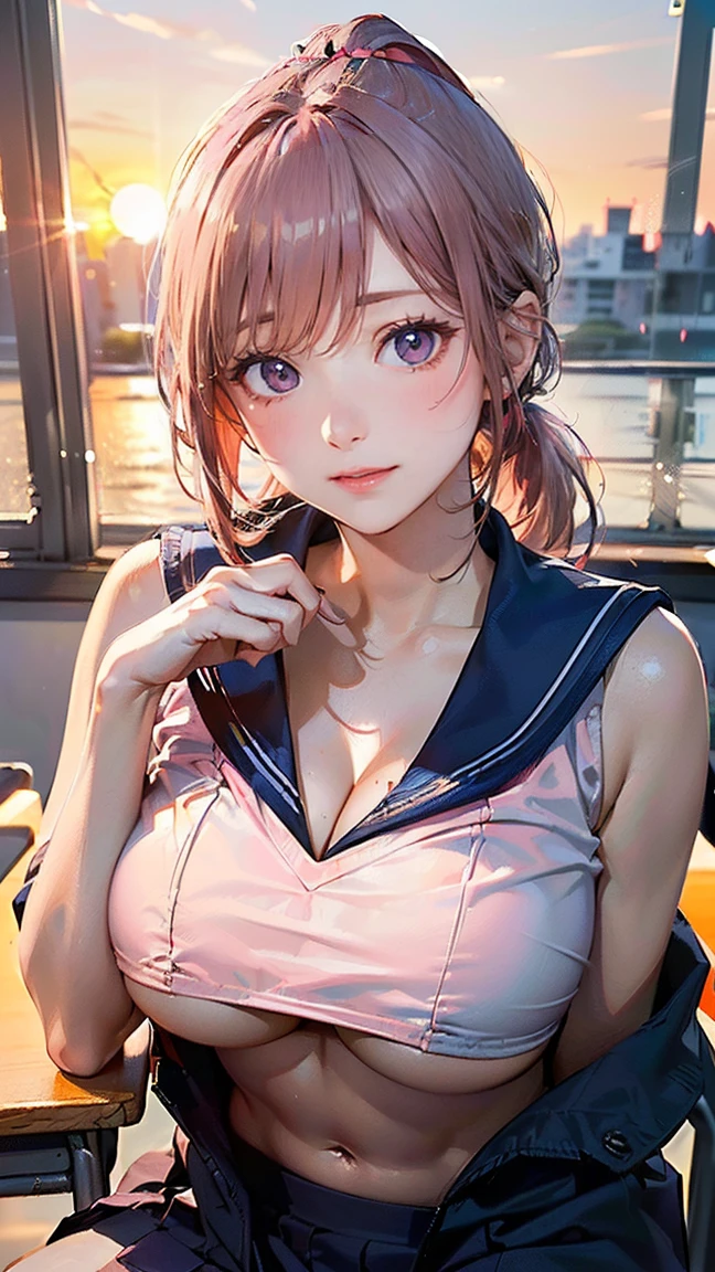 ((Highest quality, 8k, masterpiece :1.3)), (Sharp focus :1.2, Beautiful woman with perfect figure :1.4, Slim Abs :1.2), ((Big Breasts, Emphasize cleavage, The underboob is visible:1.3)), (Photorealistic:1.4), (realistic:1.4), (Pink Hair:1.5), Highly detailed face and skin texture, Fine grain, double eyelid. Makeup face, A little bit of lipstick, sex appeal, Sexy gravure pose, ((Wearing a navy blue sailor suit、A high school girl with her hair in a ponytail、Smiling sexily while sitting at a desk in the classroom after school。The setting sun shines in the background。:1.3))