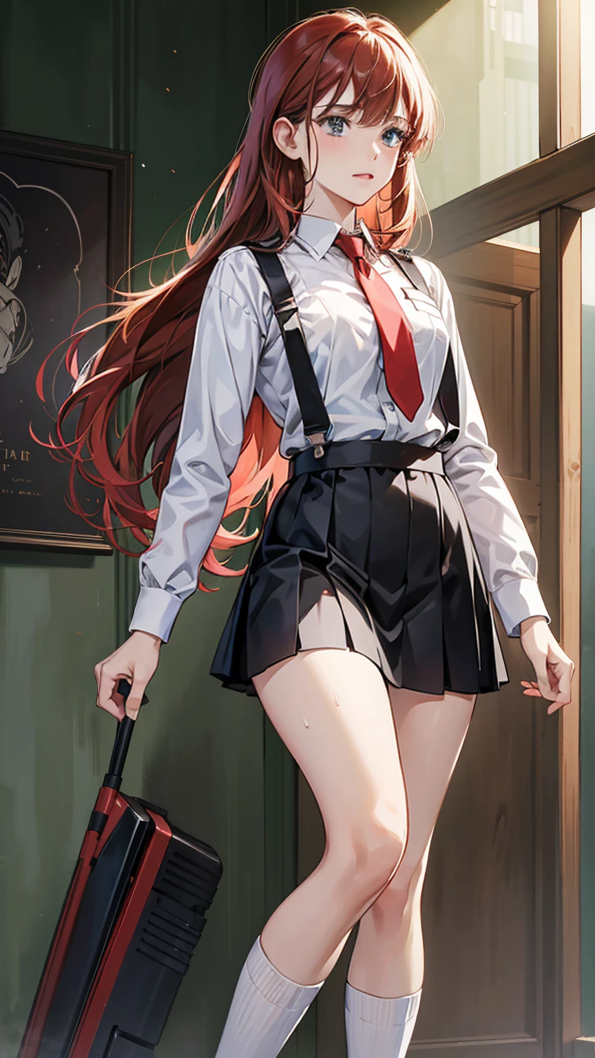 Anime Kawaii sexy Perfect Slim sensual body large breast and huge thighs, An intricate and highly detailed illustration of anime (Young girl). (work of art, Maximum quality, best qualityer, offcial art, beautiful and aesthetic:1.0), (8k, best qualityer, work of art:1.2), pretty long hair,(whole body:1.3), (breasts big:1.4), pretty long hair, high-heels, black thighighs, micro skirt, Red hair, tall girl, tupolev tu-22 bomber
